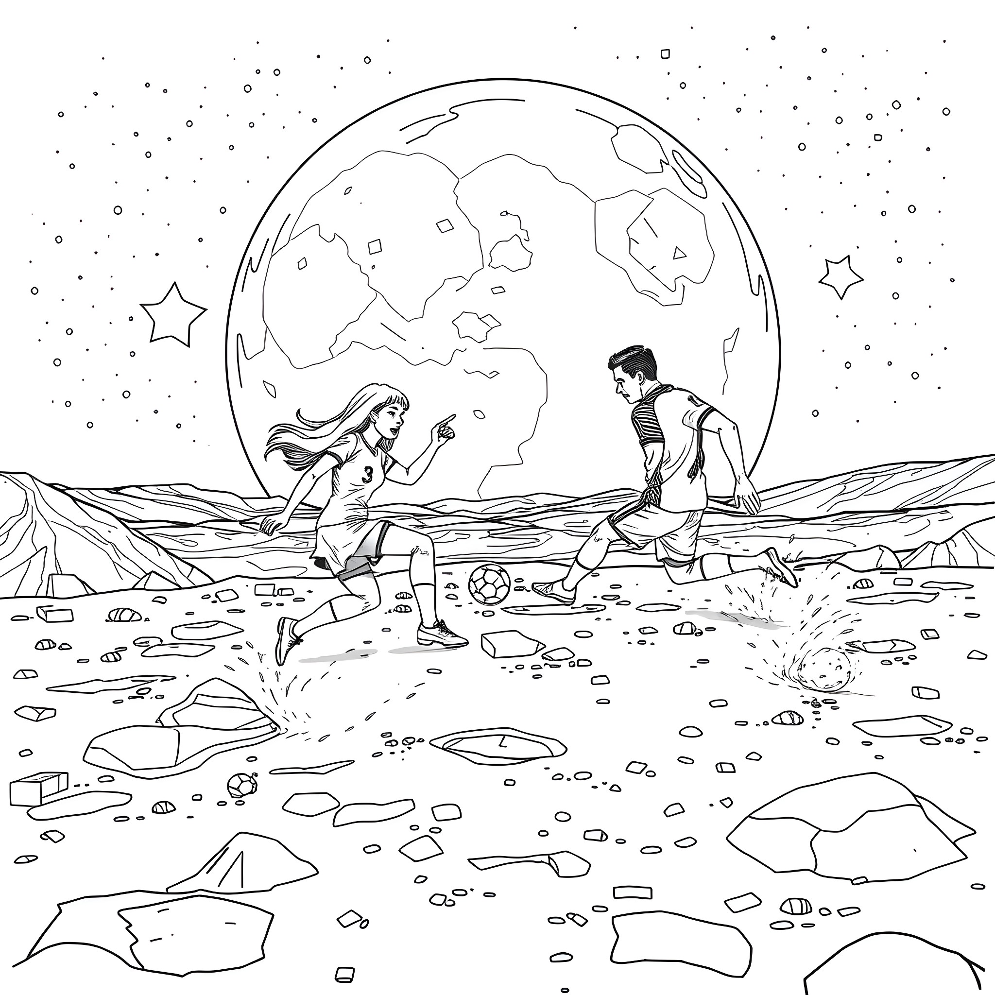 Soccer match under the starry night sky Coloring Page (free black-and-white line drawing printable PDF for all, from beginners to advanced learners, including children, teens, adults, and seniors)