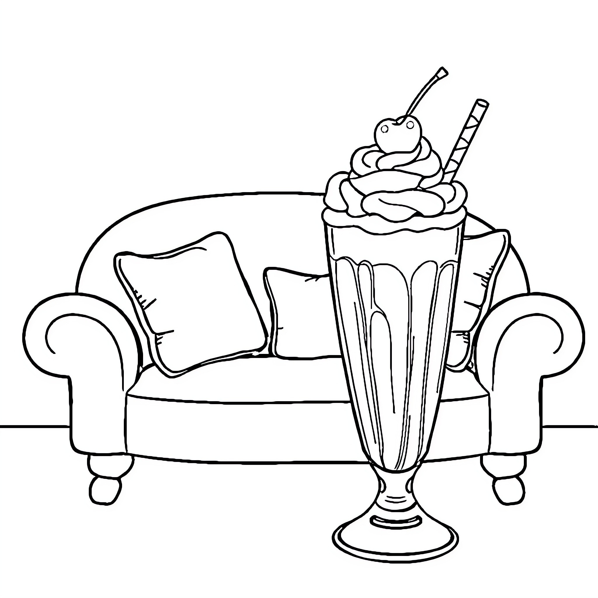 Sofa with a cozy milkshake Coloring Page (free black-and-white line drawing printable PDF for all, from beginners to advanced learners, including children, teens, adults, and seniors)