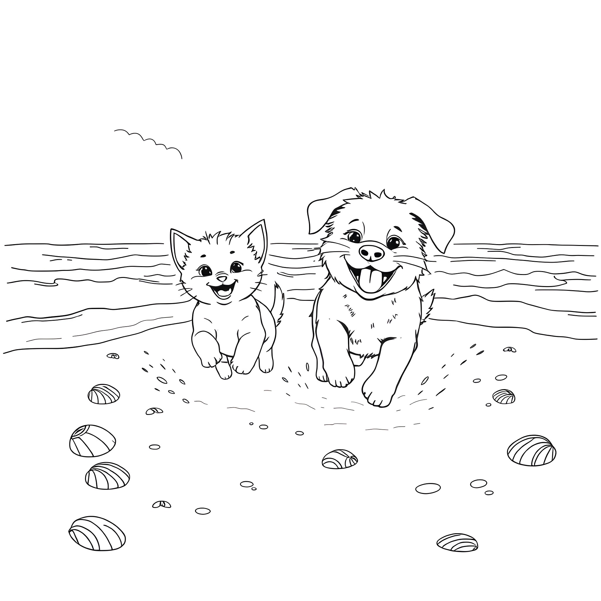Kitten and puppy playing happily on the beach Coloring Page (free black-and-white line drawing printable PDF for all, from beginners to advanced learners, including children, teens, adults, and seniors)