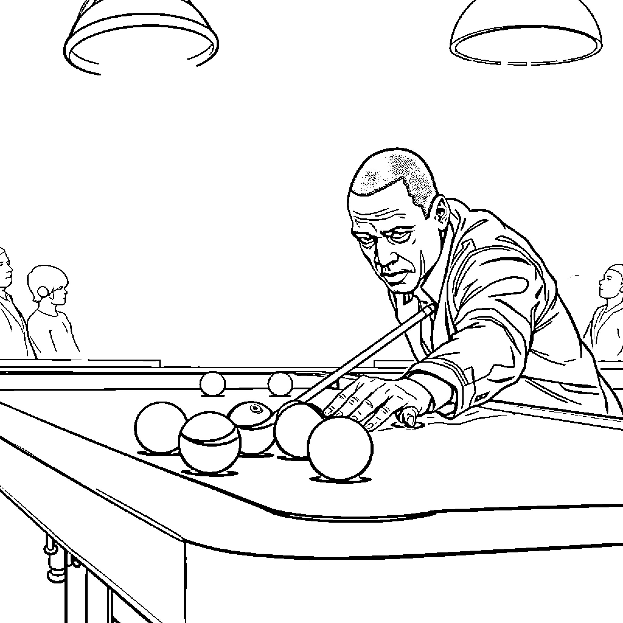 President Playing Pool with Guests at Formal Event Coloring Page (free black-and-white line drawing printable PDF for all, from beginners to advanced learners, including children, teens, adults, and seniors)