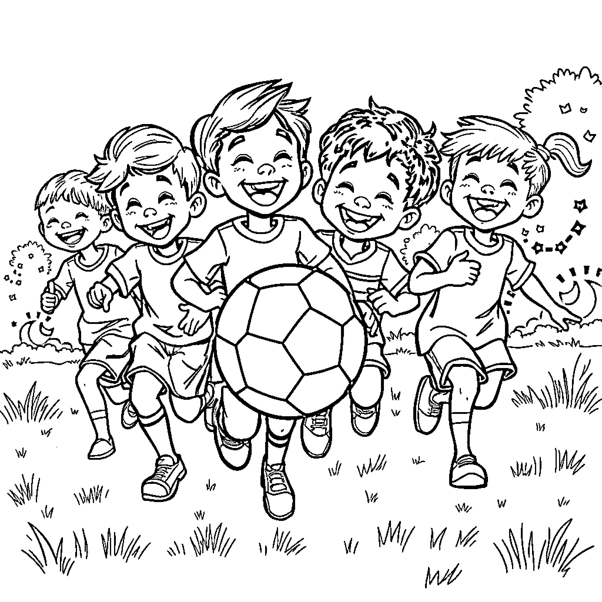 Child Playing Soccer with Friends in the Park Coloring Page (free black-and-white line drawing printable PDF for all, from beginners to advanced learners, including children, teens, adults, and seniors)