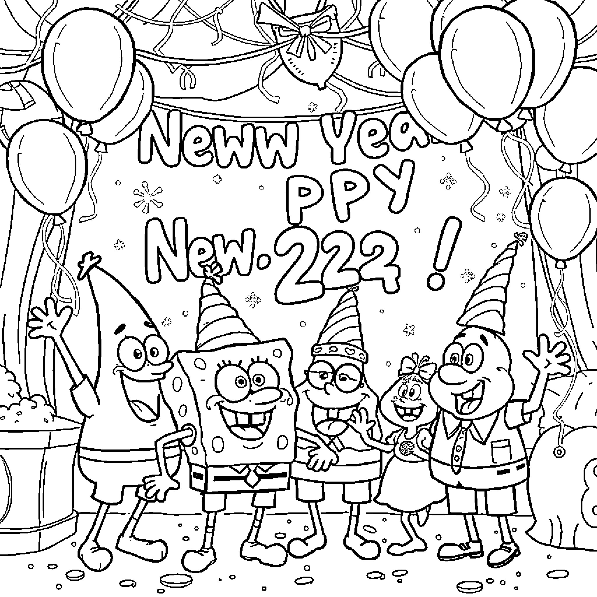 Spongebob characters celebrate New Year's Eve 2023 Coloring Page (free black-and-white line drawing printable PDF for all, from beginners to advanced learners, including children, teens, adults, and seniors)