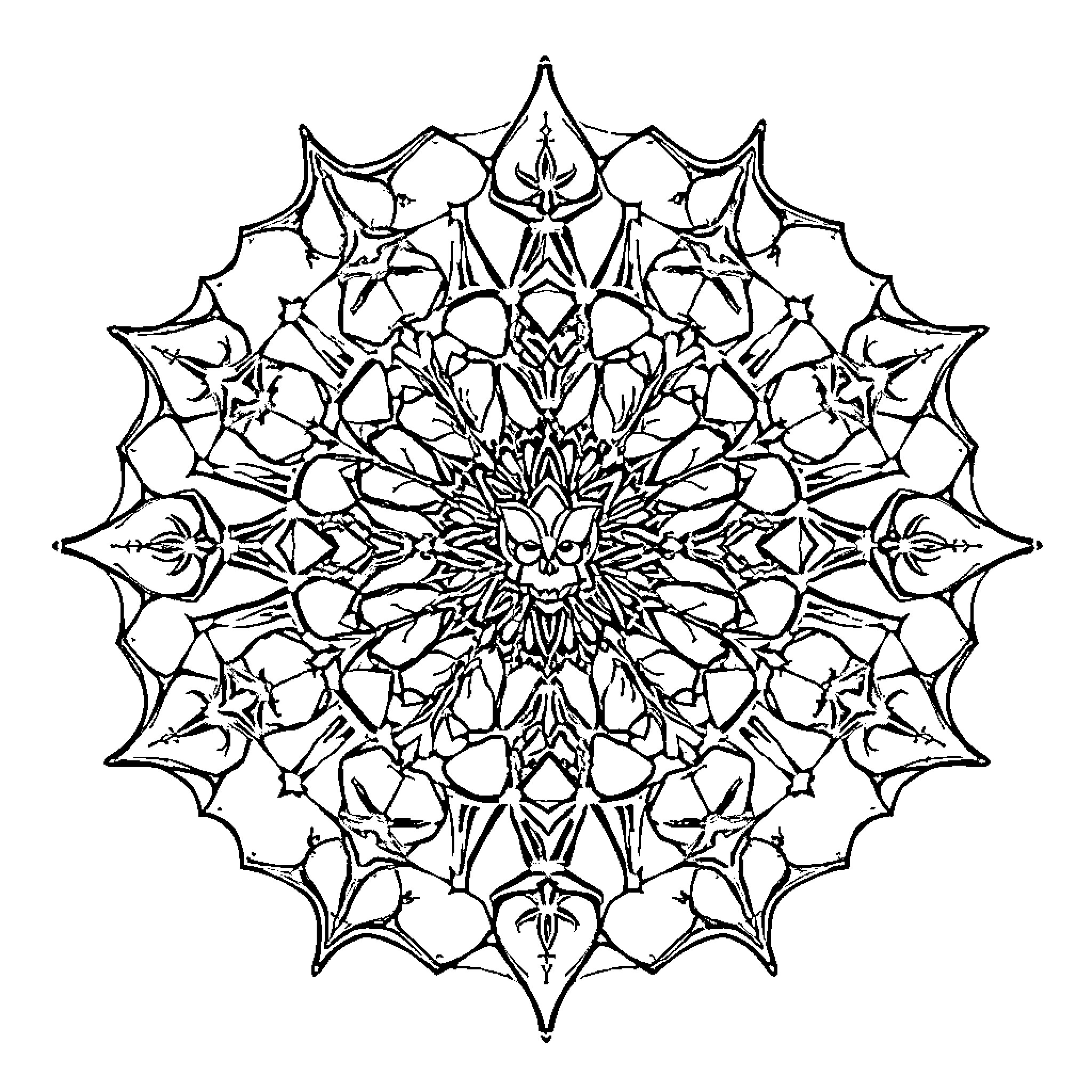 Bat-shaped mandala with intricate patterns Coloring Page (free black-and-white line drawing printable PDF for all, from beginners to advanced learners, including children, teens, adults, and seniors)