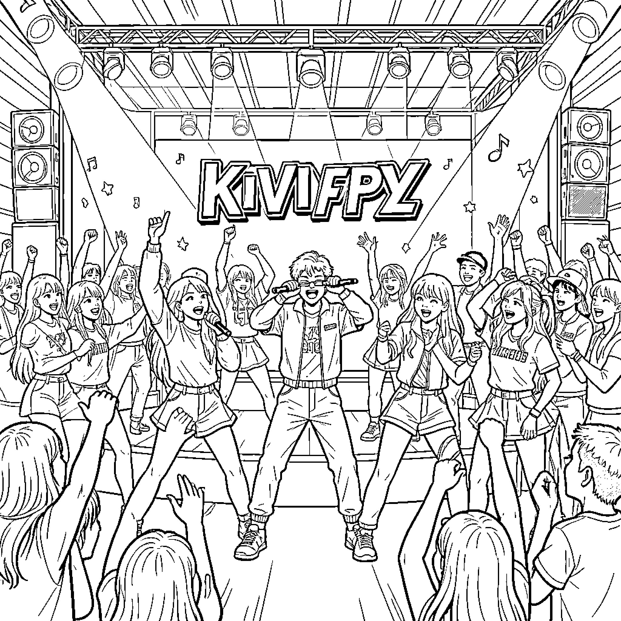 K Pop idols performing energetically on a concert stage Coloring Page (free black-and-white line drawing printable PDF for all, from beginners to advanced learners, including children, teens, adults, and seniors)
