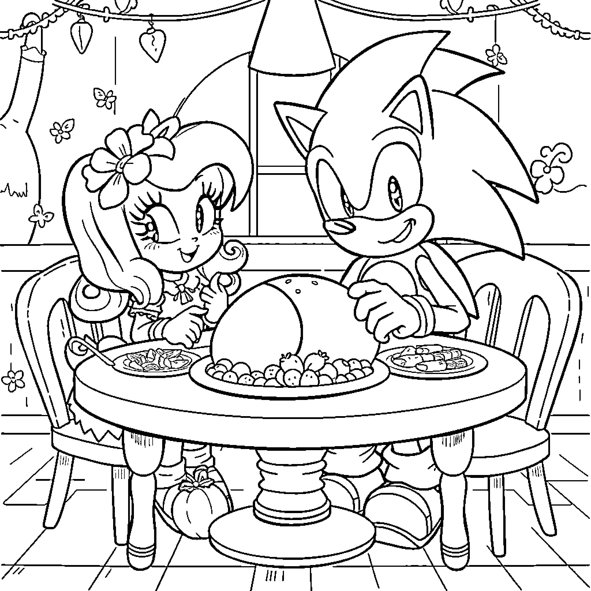 Sonic and Friends Enjoying a Festive Meal Coloring Page (free black-and-white line drawing printable PDF for all, from beginners to advanced learners, including children, teens, adults, and seniors)