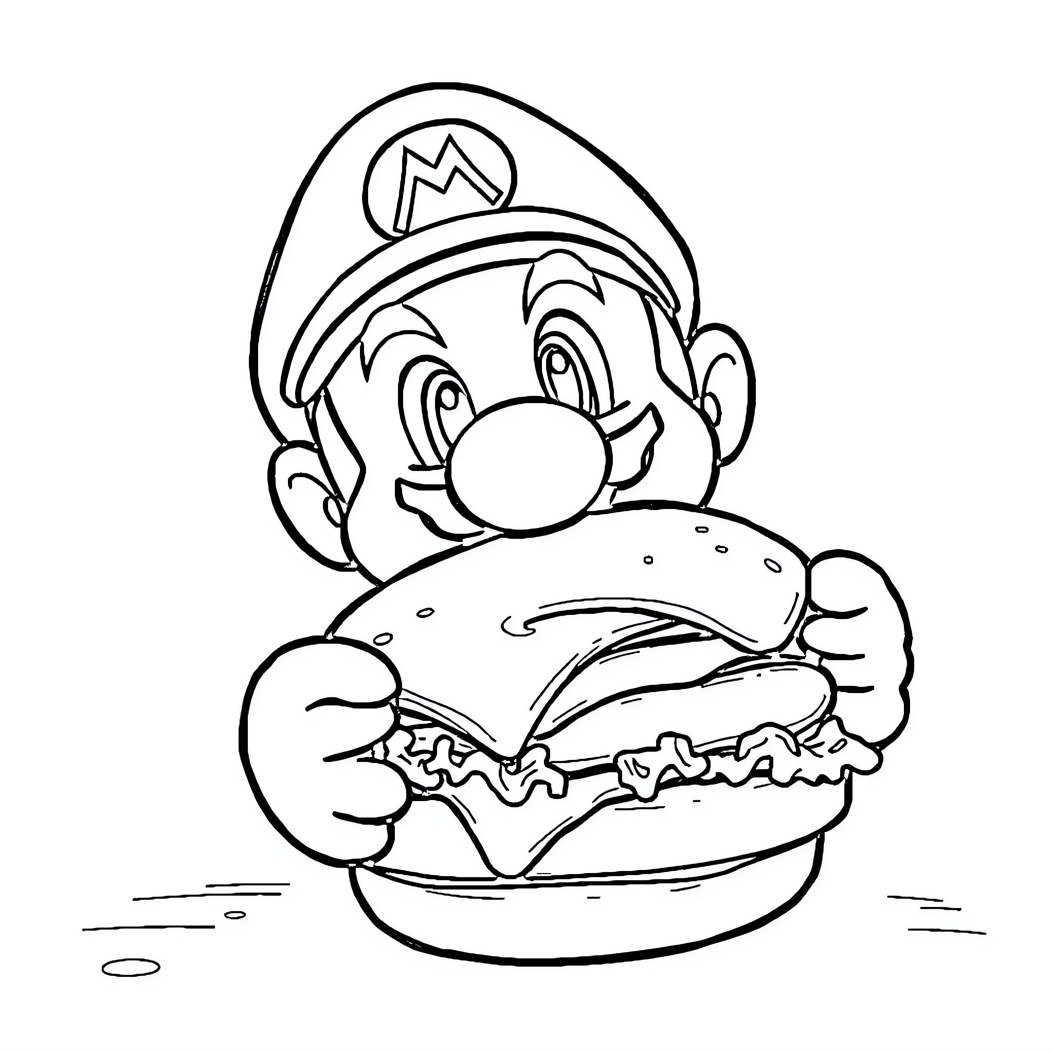 Super Mario Eating a Delicious Hamburger Coloring Page (free black-and-white line drawing printable PDF for all, from beginners to advanced learners, including children, teens, adults, and seniors)