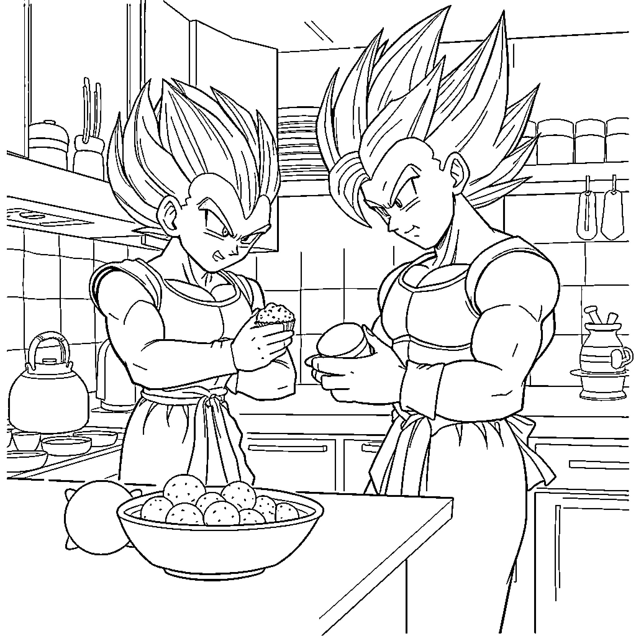 Vegeta and Goku Cooking Together in the Kitchen Coloring Page (free black-and-white line drawing printable PDF for all, from beginners to advanced learners, including children, teens, adults, and seniors)