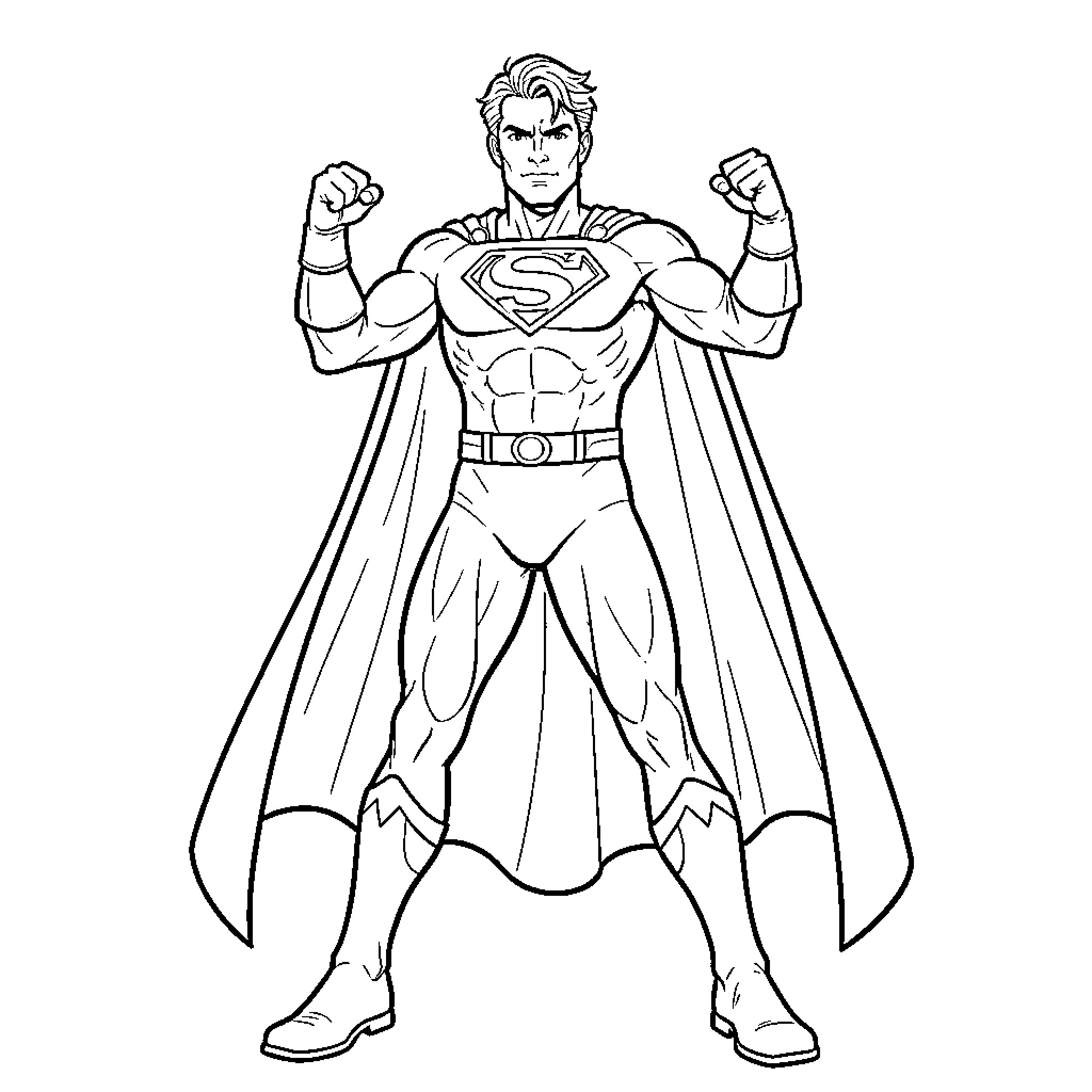 Thouvenot superhero standing powerfully in a heroic pose Coloring Page (free black-and-white line drawing printable PDF for all, from beginners to advanced learners, including children, teens, adults, and seniors)