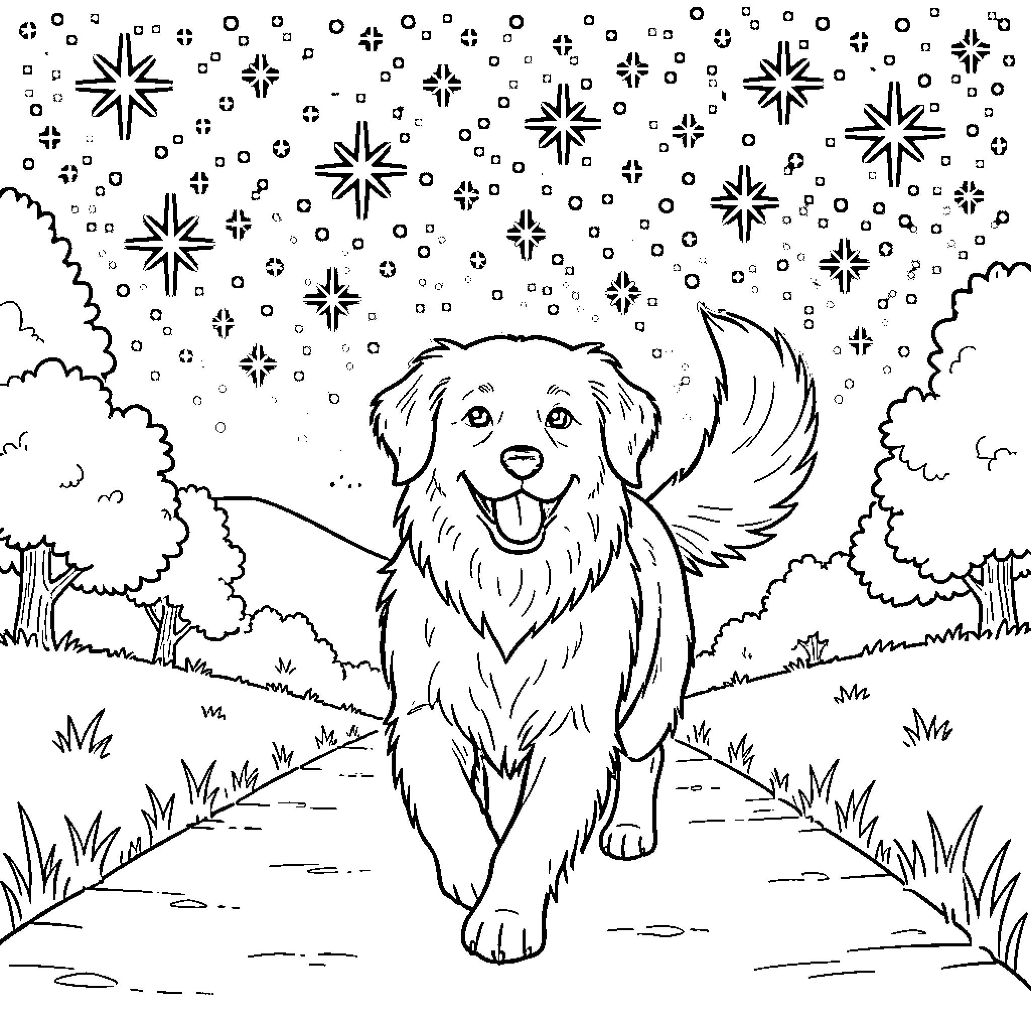 Dog enjoying the snowy night landscape Coloring Page (free black-and-white line drawing printable PDF for all, from beginners to advanced learners, including children, teens, adults, and seniors)