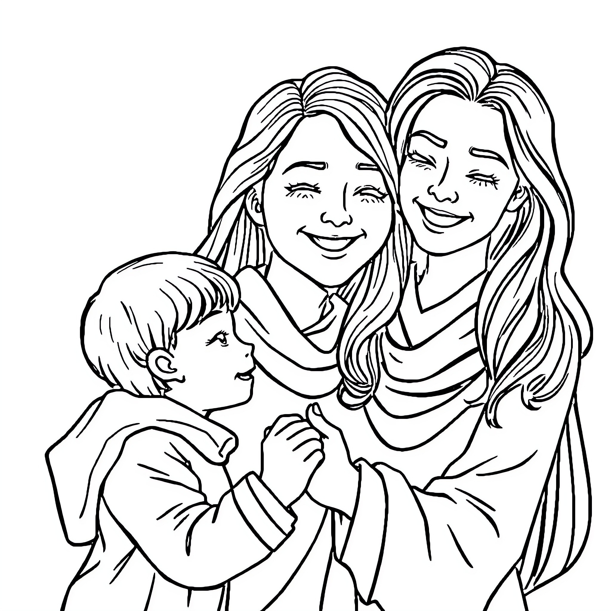 Mom hugging and comforting her young child Coloring Page (free black-and-white line drawing printable PDF for all, from beginners to advanced learners, including children, teens, adults, and seniors)