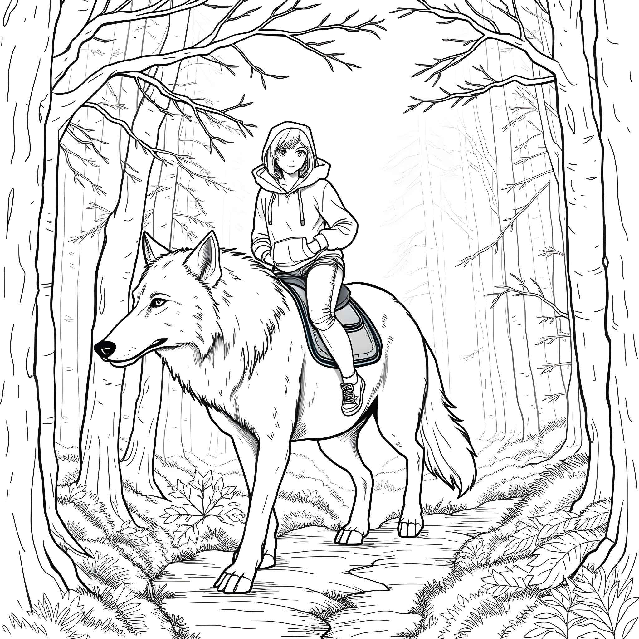 Teen Girl Riding a Wolf in the Forest Coloring Page (free black-and-white line drawing printable PDF for all, from beginners to advanced learners, including children, teens, adults, and seniors)