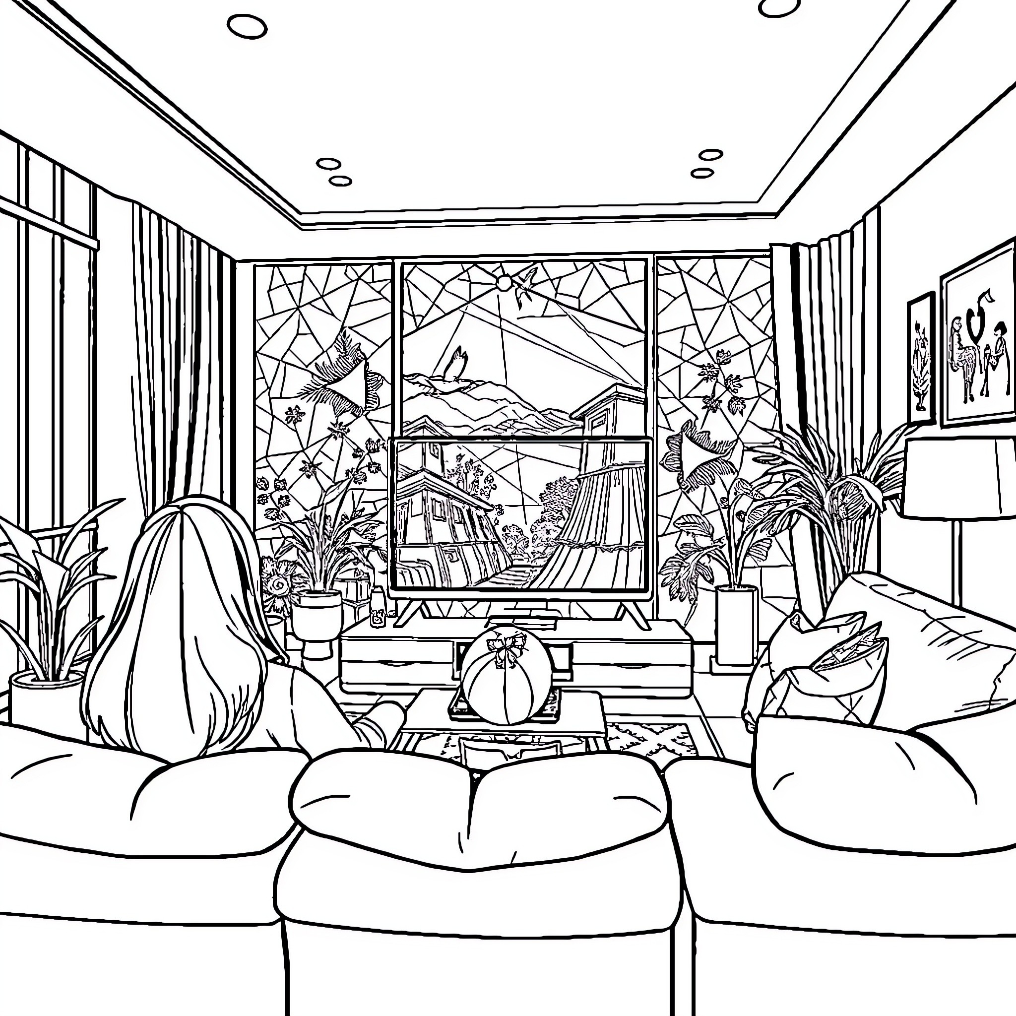 TV Viewing in Cozy Living Room with Intricate Window Coloring Page (free black-and-white line drawing printable PDF for all, from beginners to advanced learners, including children, teens, adults, and seniors)