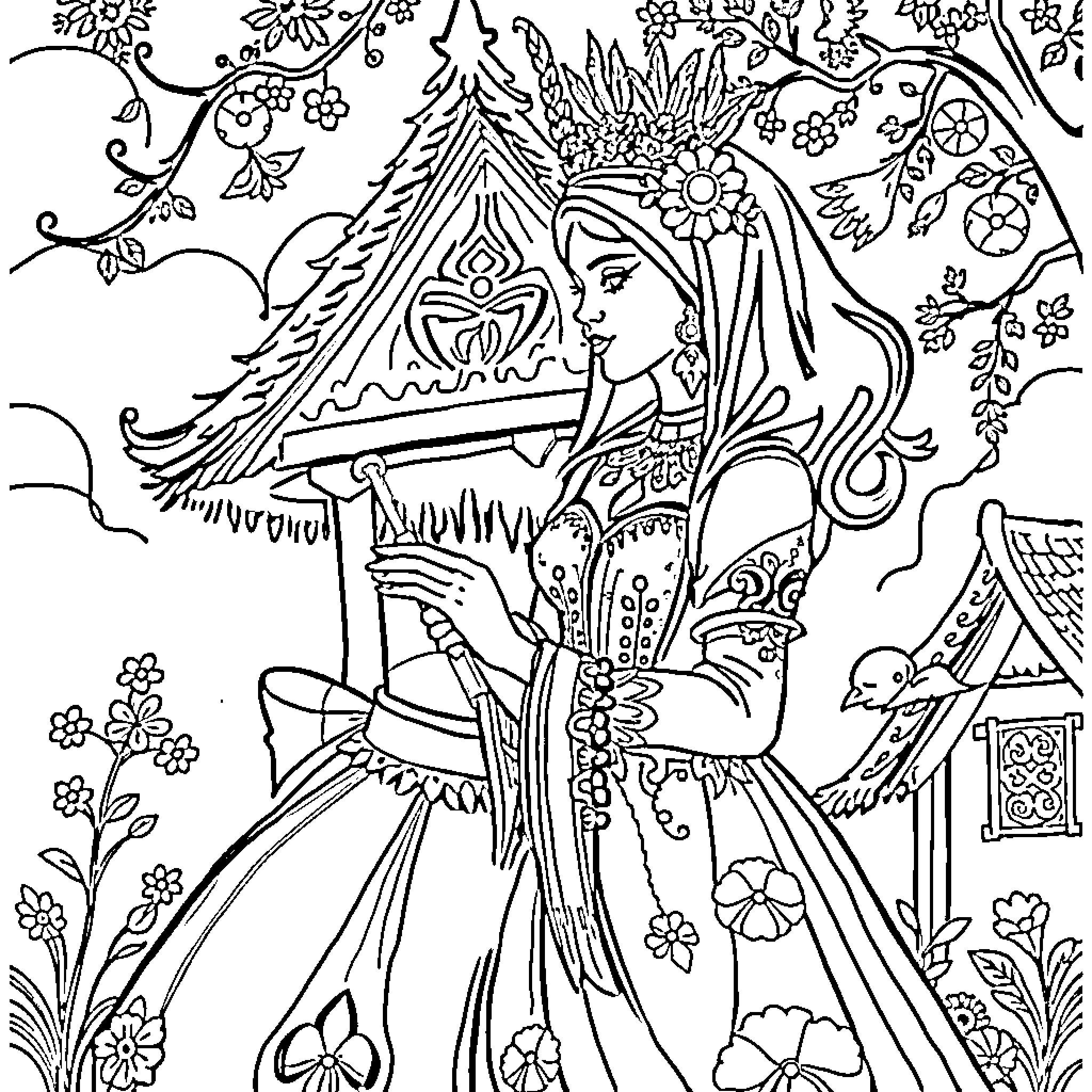 Ballerina in Elaborate Costume Amid Floral Landscape Coloring Page (free black-and-white line drawing printable PDF for all, from beginners to advanced learners, including children, teens, adults, and seniors)