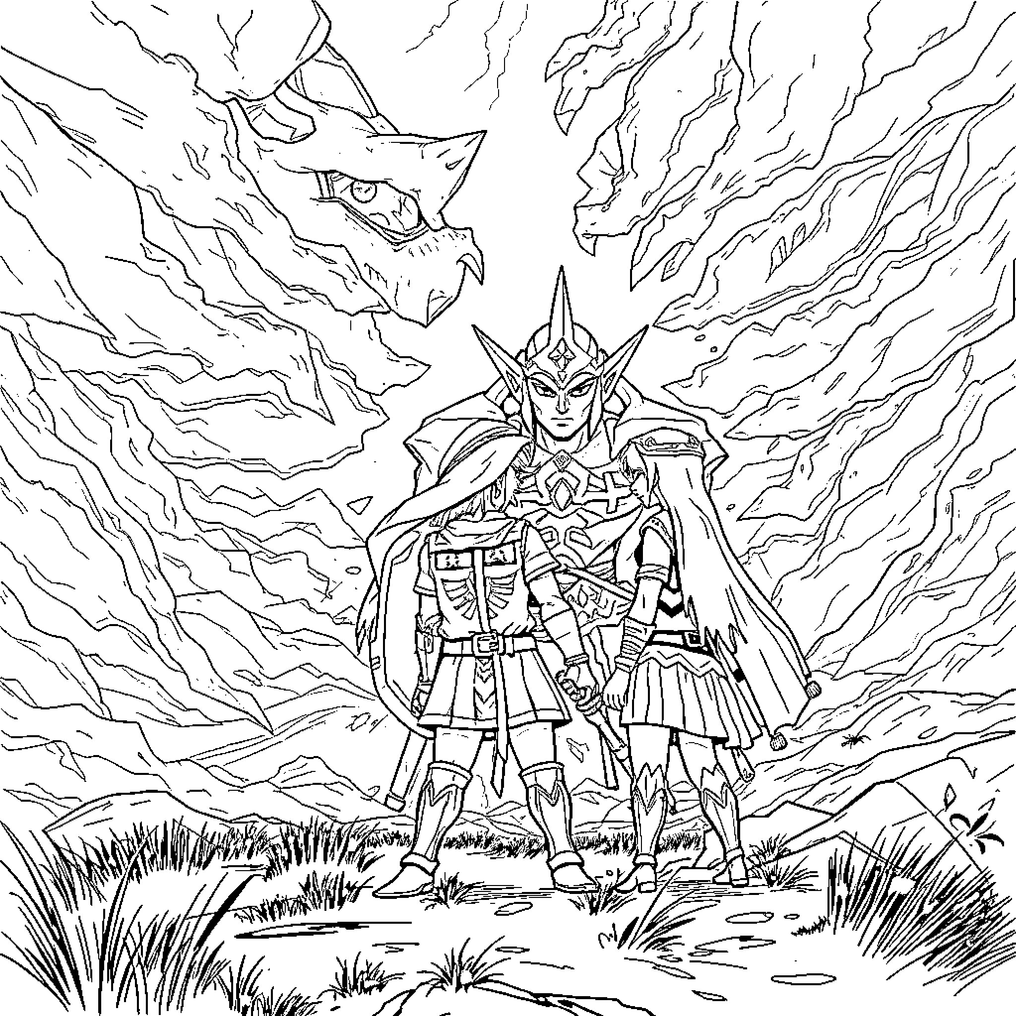 Link's Valiant Stance Against the Menacing Dragon Coloring Page (free black-and-white line drawing printable PDF for all, from beginners to advanced learners, including children, teens, adults, and seniors)