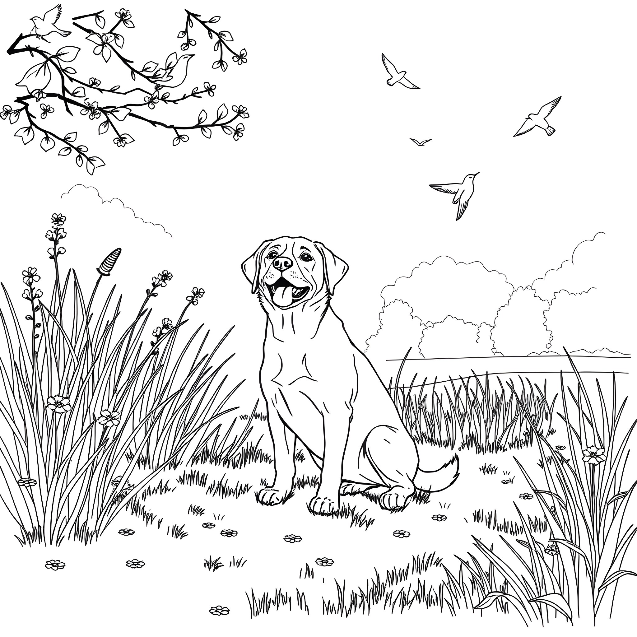 Dog enjoying nature in a scenic landscape Coloring Page (free black-and-white line drawing printable PDF for all, from beginners to advanced learners, including children, teens, adults, and seniors)