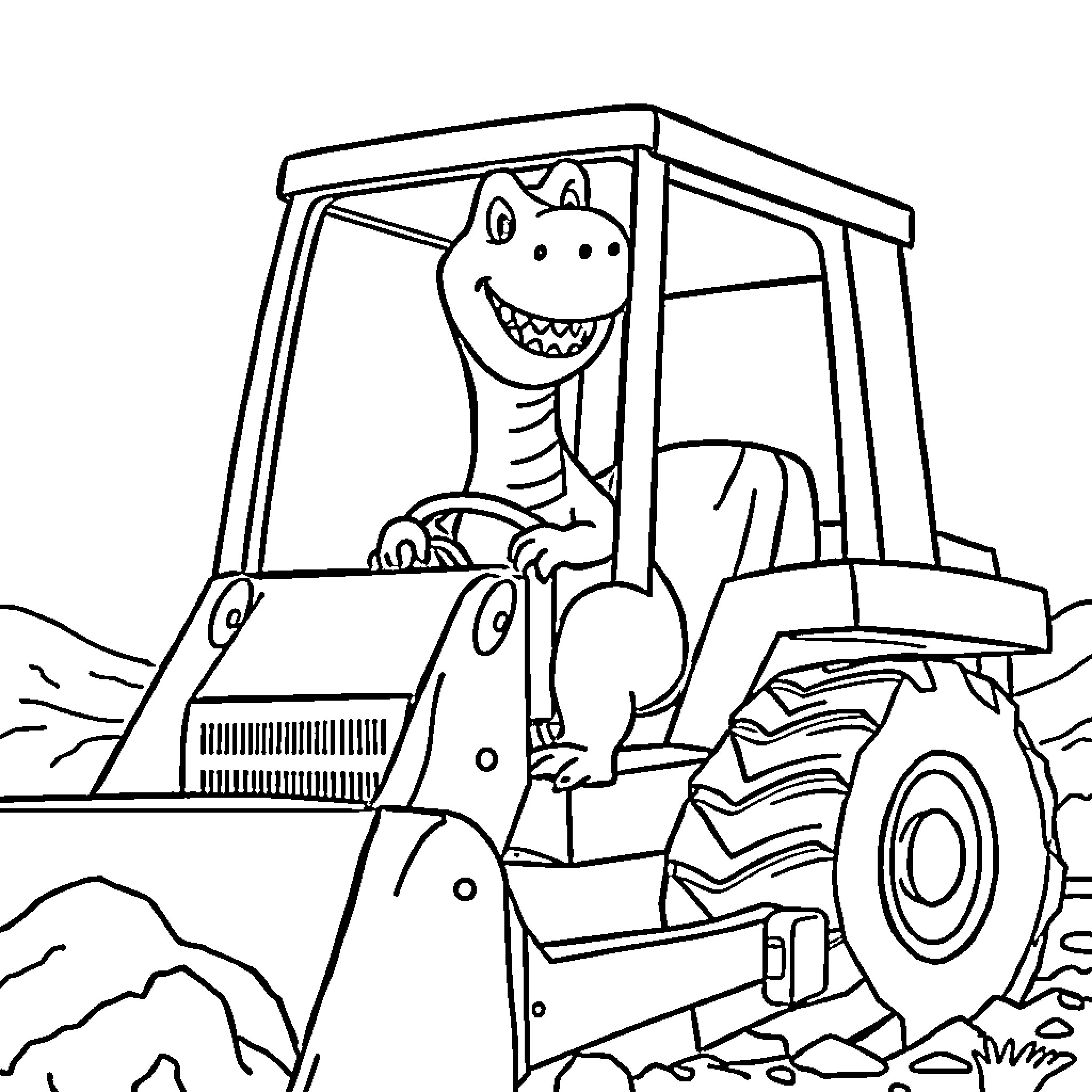 Dinosaur driving a tractor on rocky terrain Coloring Page (free black-and-white line drawing printable PDF for all, from beginners to advanced learners, including children, teens, adults, and seniors)
