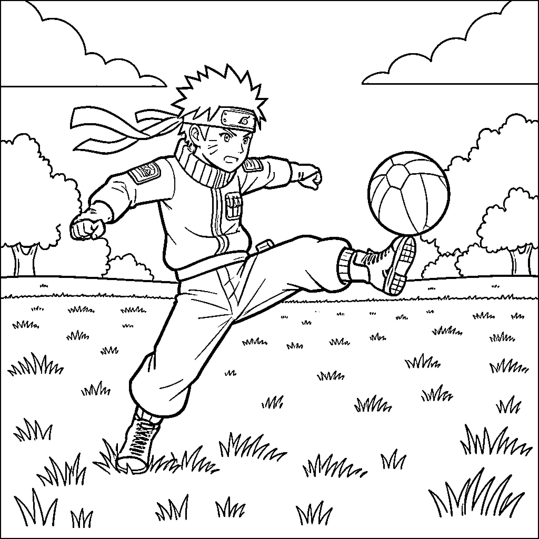 Naruto kicking a ball in a field Coloring Page (free black-and-white line drawing printable PDF for all, from beginners to advanced learners, including children, teens, adults, and seniors)