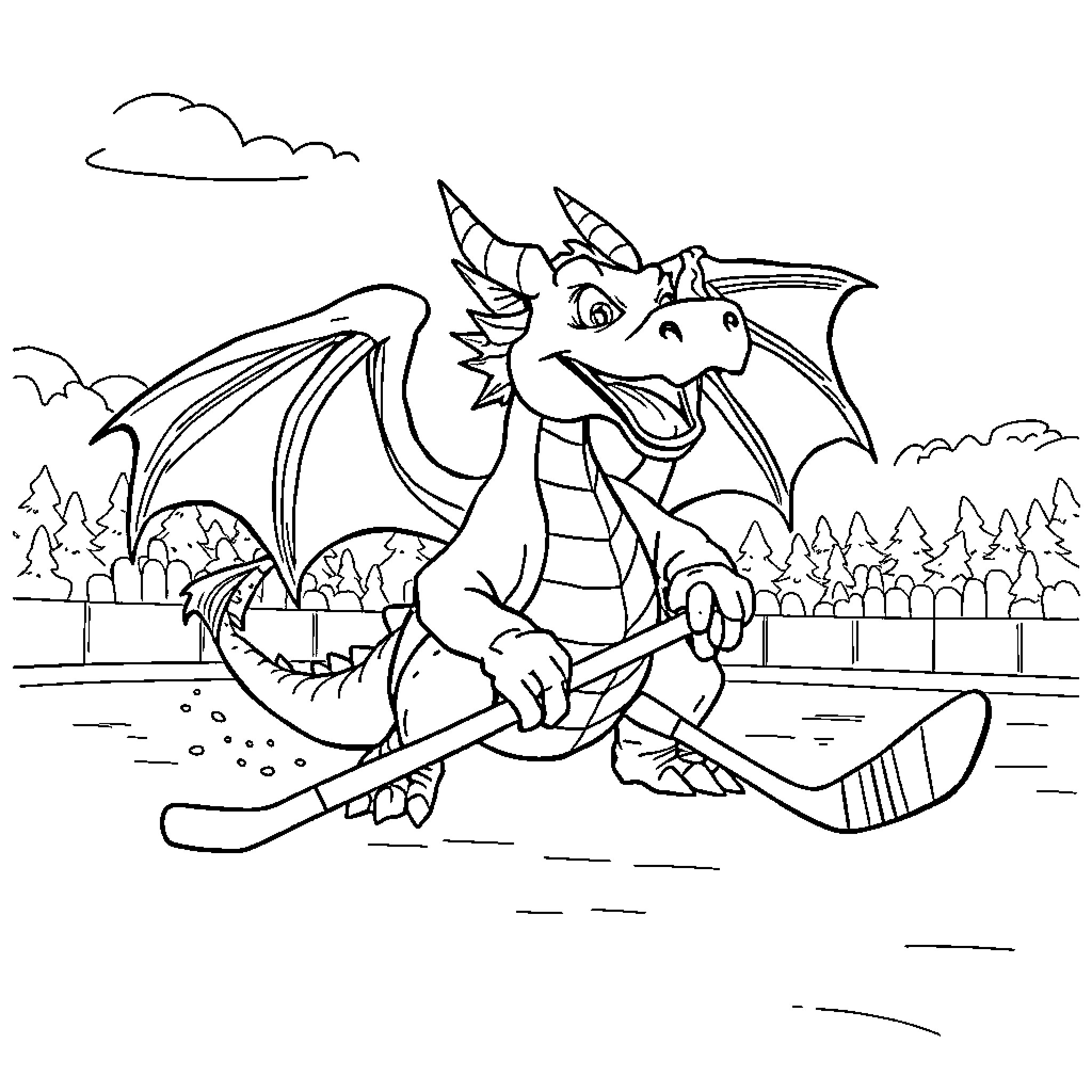 Dragon playing hockey in the forest Coloring Page (free black-and-white line drawing printable PDF for all, from beginners to advanced learners, including children, teens, adults, and seniors)