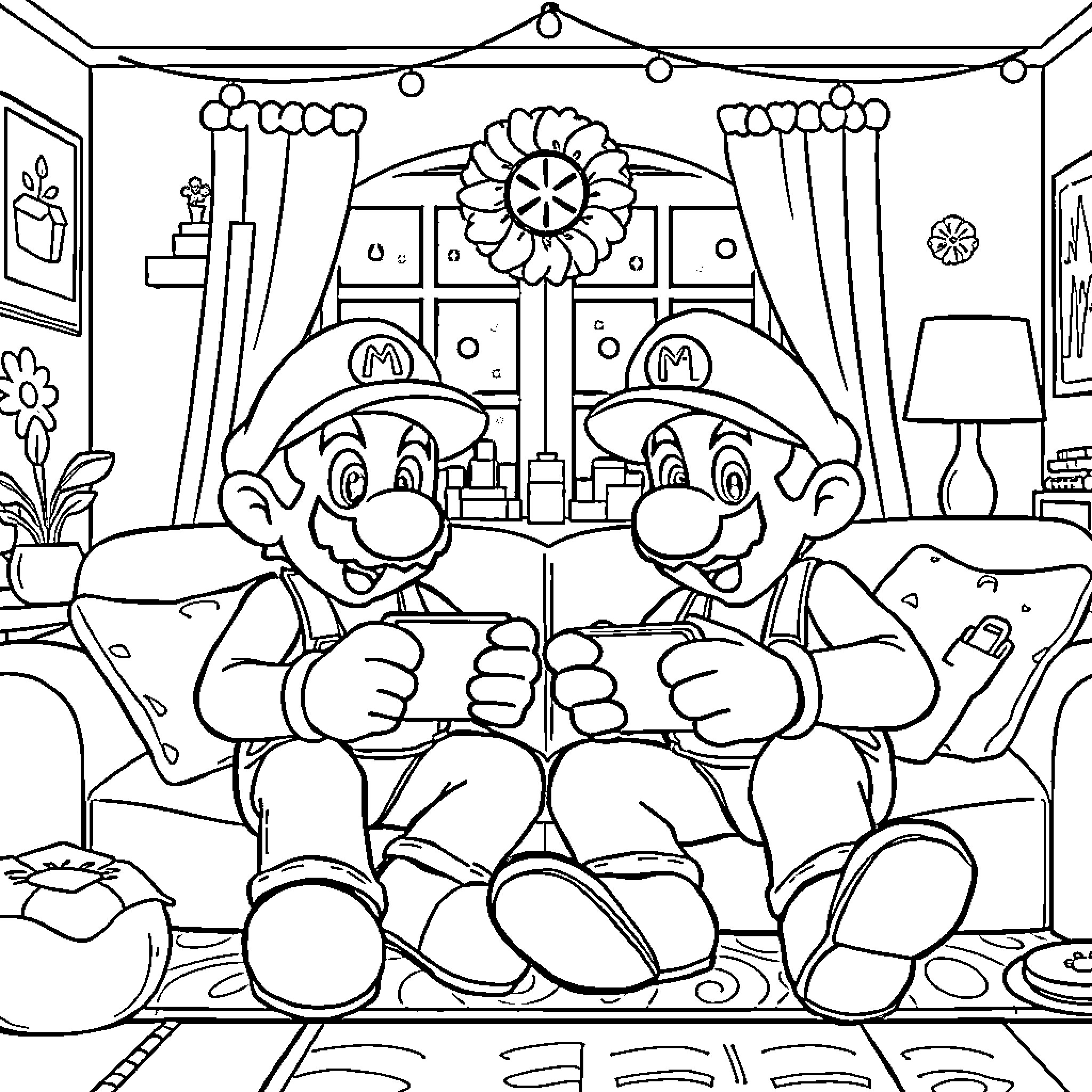 Mario Brothers Gaming Together in Cozy Living Room Coloring Page (free black-and-white line drawing printable PDF for all, from beginners to advanced learners, including children, teens, adults, and seniors)