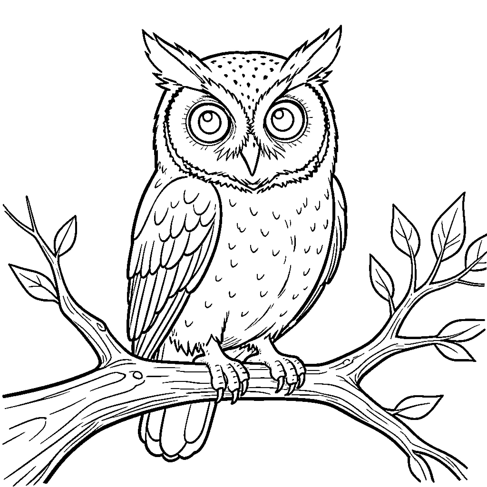 Owl perched on tree branch with alert expression Coloring Page (free black-and-white line drawing printable PDF for all, from beginners to advanced learners, including children, teens, adults, and seniors)
