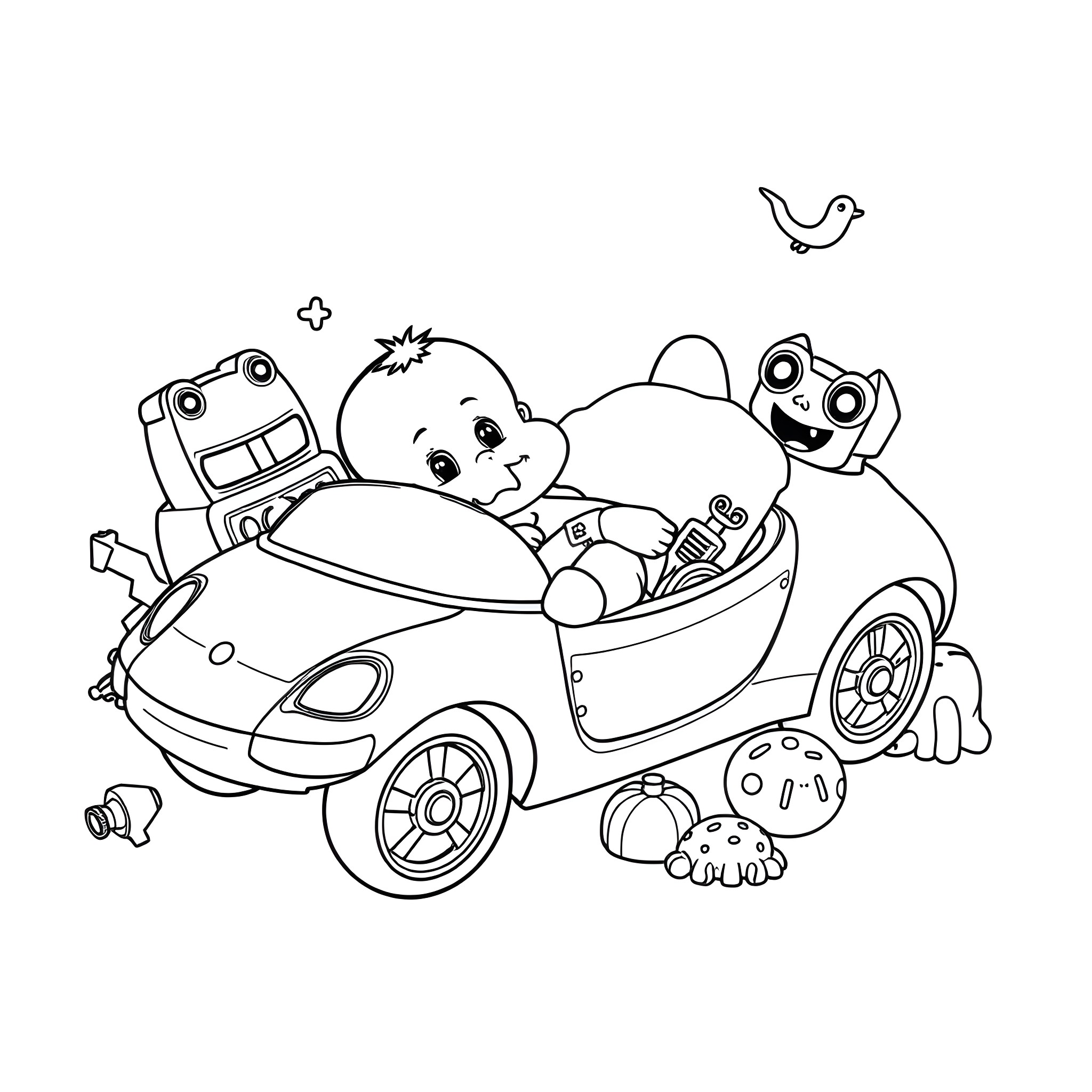 Baby playing happily with toys in the car Coloring Page (free black-and-white line drawing printable PDF for all, from beginners to advanced learners, including children, teens, adults, and seniors)