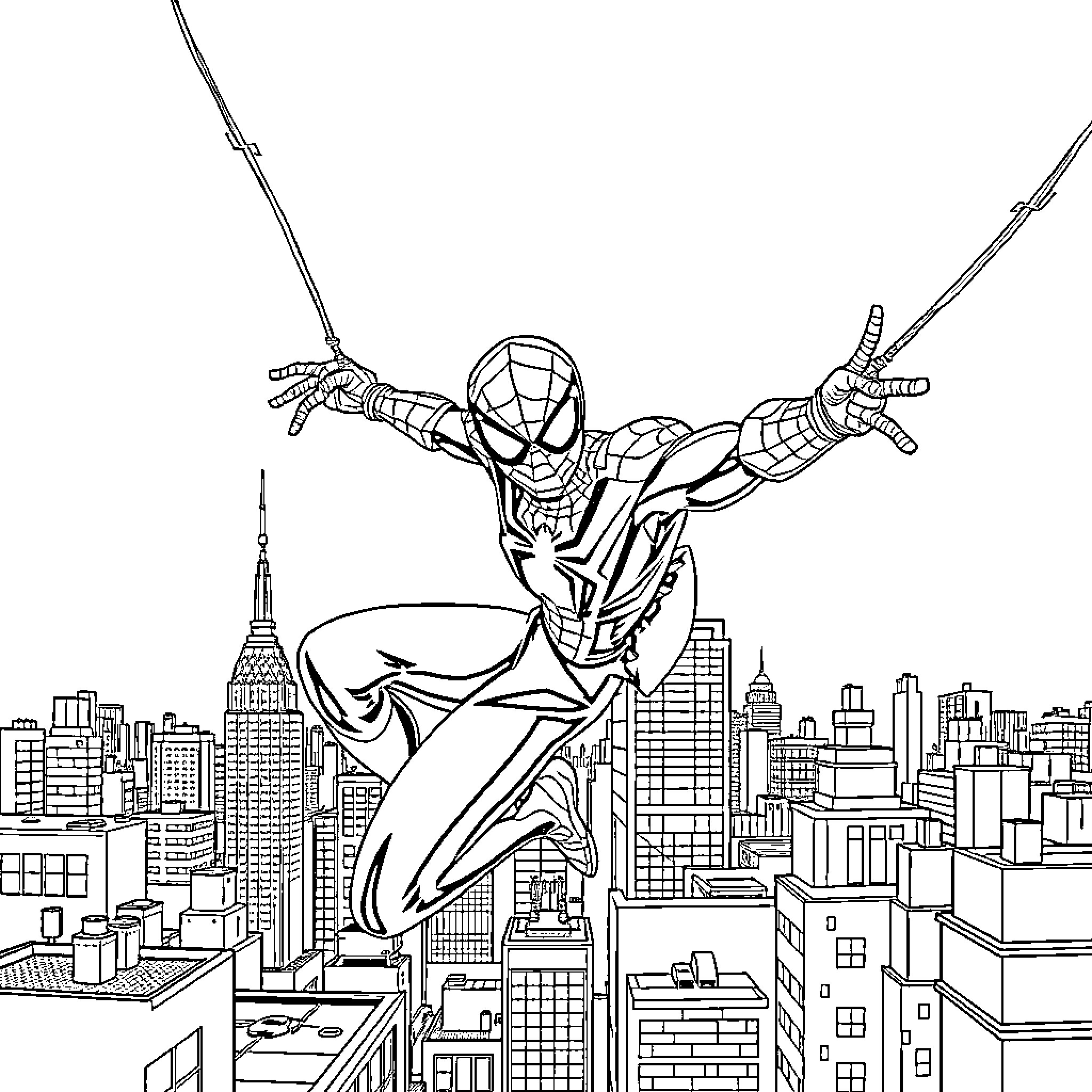 Spider-Man swinging through the city skyline Coloring Page (free black-and-white line drawing printable PDF for all, from beginners to advanced learners, including children, teens, adults, and seniors)