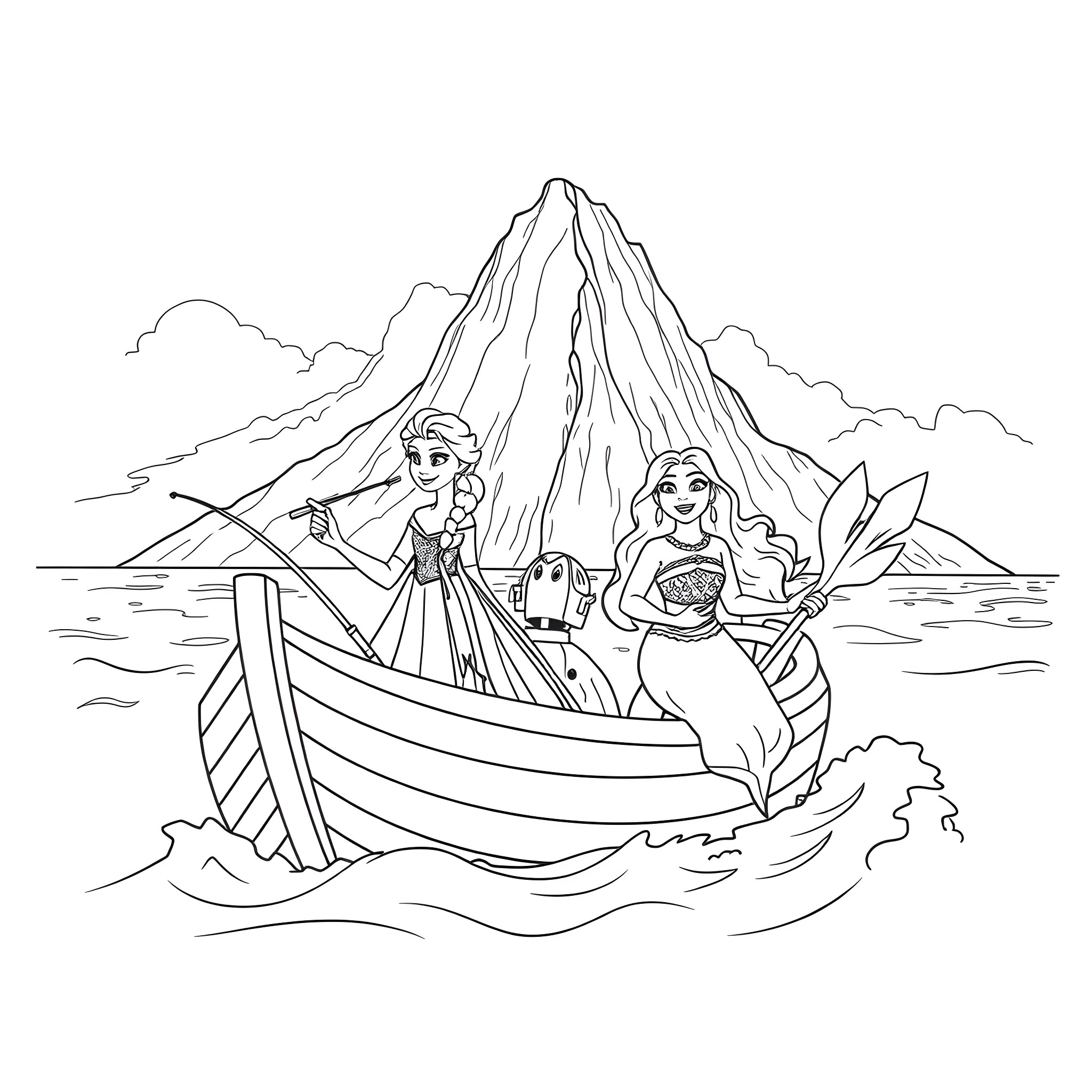 Princess Elsa and Anna enjoying a boat ride in the mountains Coloring Page (free black-and-white line drawing printable PDF for all, from beginners to advanced learners, including children, teens, adults, and seniors)