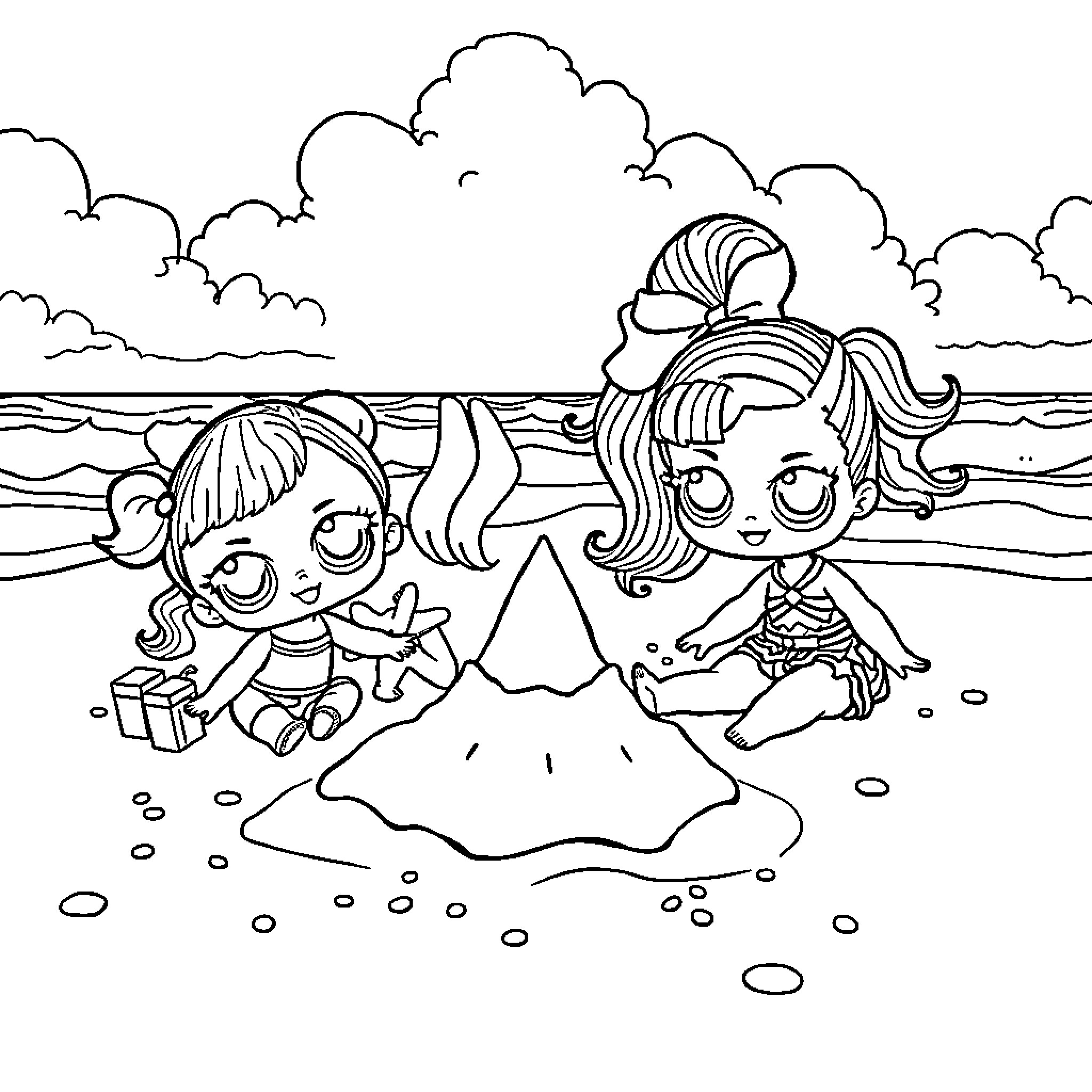 LOL Dolls playing at the beach Coloring Page (free black-and-white line drawing printable PDF for all, from beginners to advanced learners, including children, teens, adults, and seniors)