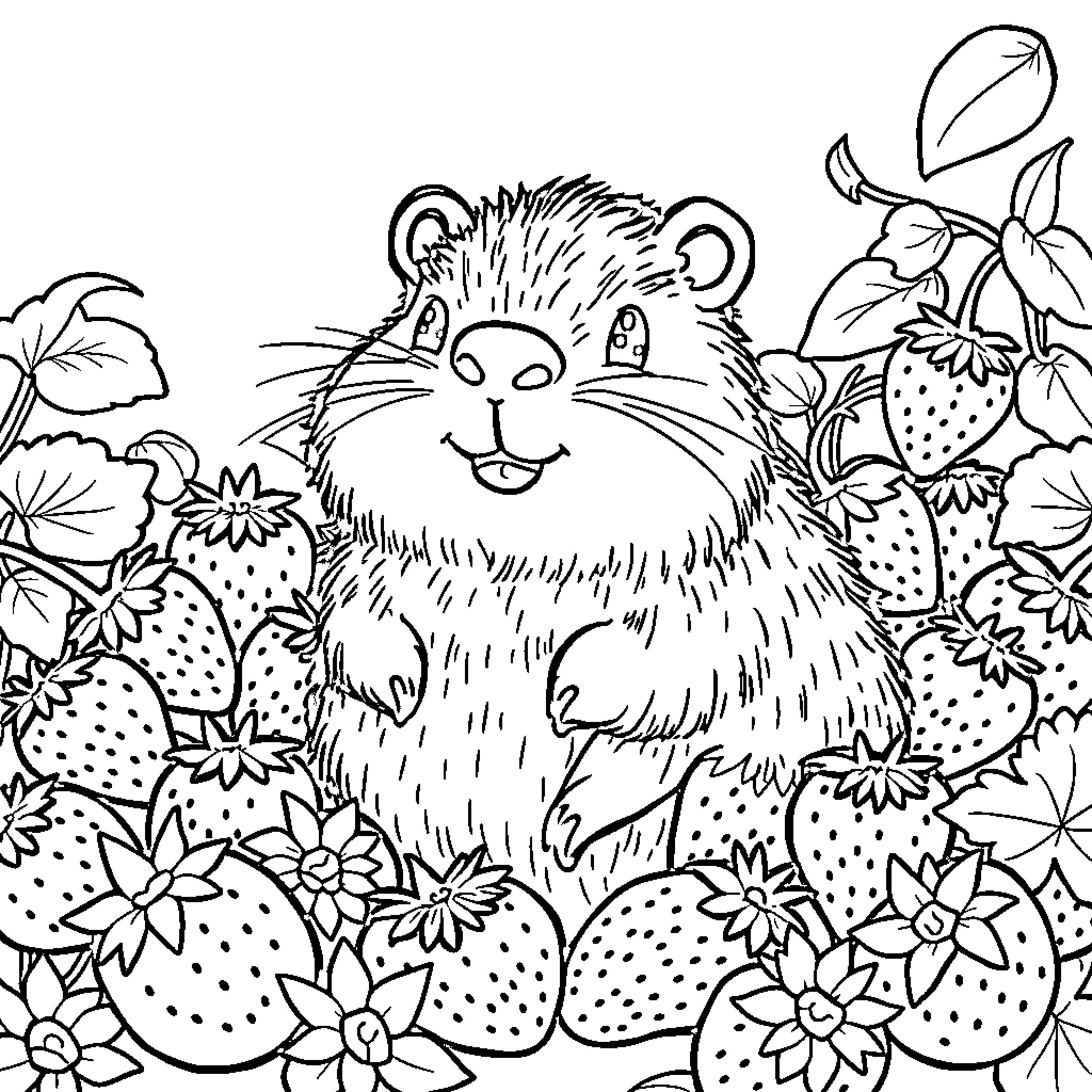 Capybara surrounded by strawberries and flowers Coloring Page (free black-and-white line drawing printable PDF for all, from beginners to advanced learners, including children, teens, adults, and seniors)