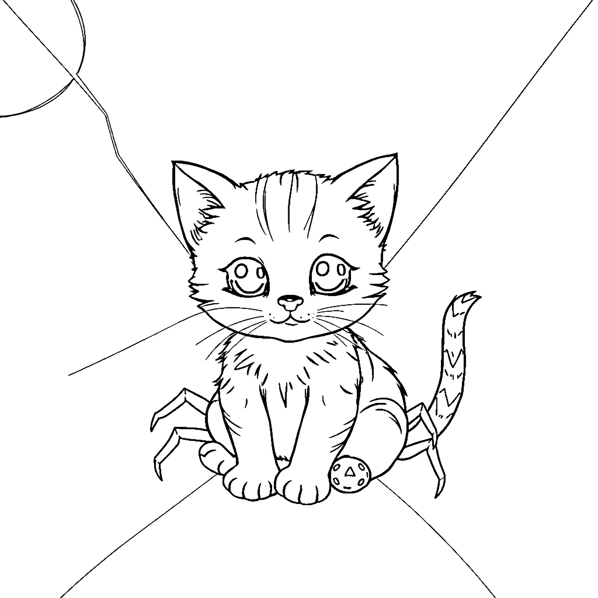 Spider Kitty playing with toys Coloring Page (free black-and-white line drawing printable PDF for all, from beginners to advanced learners, including children, teens, adults, and seniors)