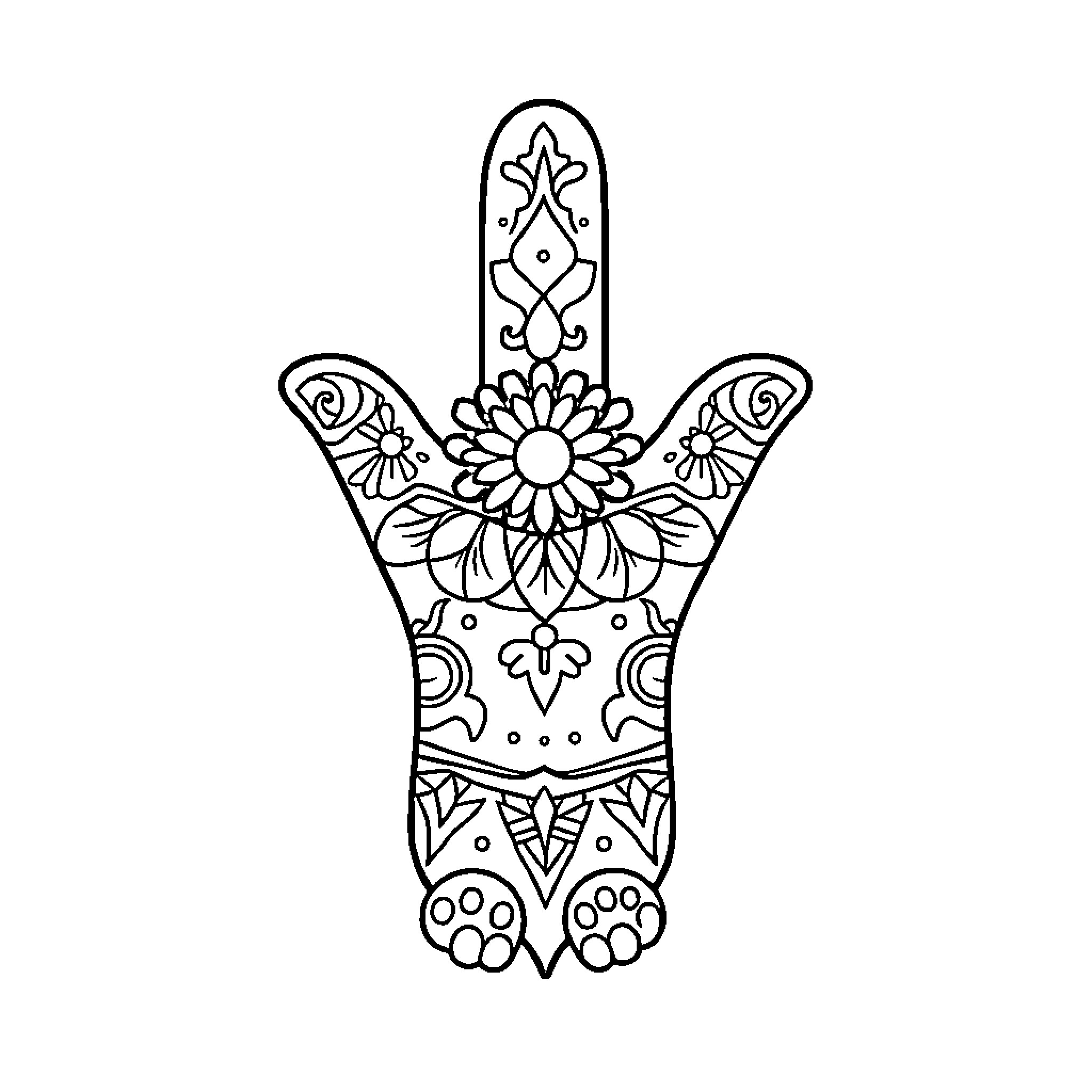 Hamsa with Intricate Floral Patterns Coloring Page (free black-and-white line drawing printable PDF for all, from beginners to advanced learners, including children, teens, adults, and seniors)