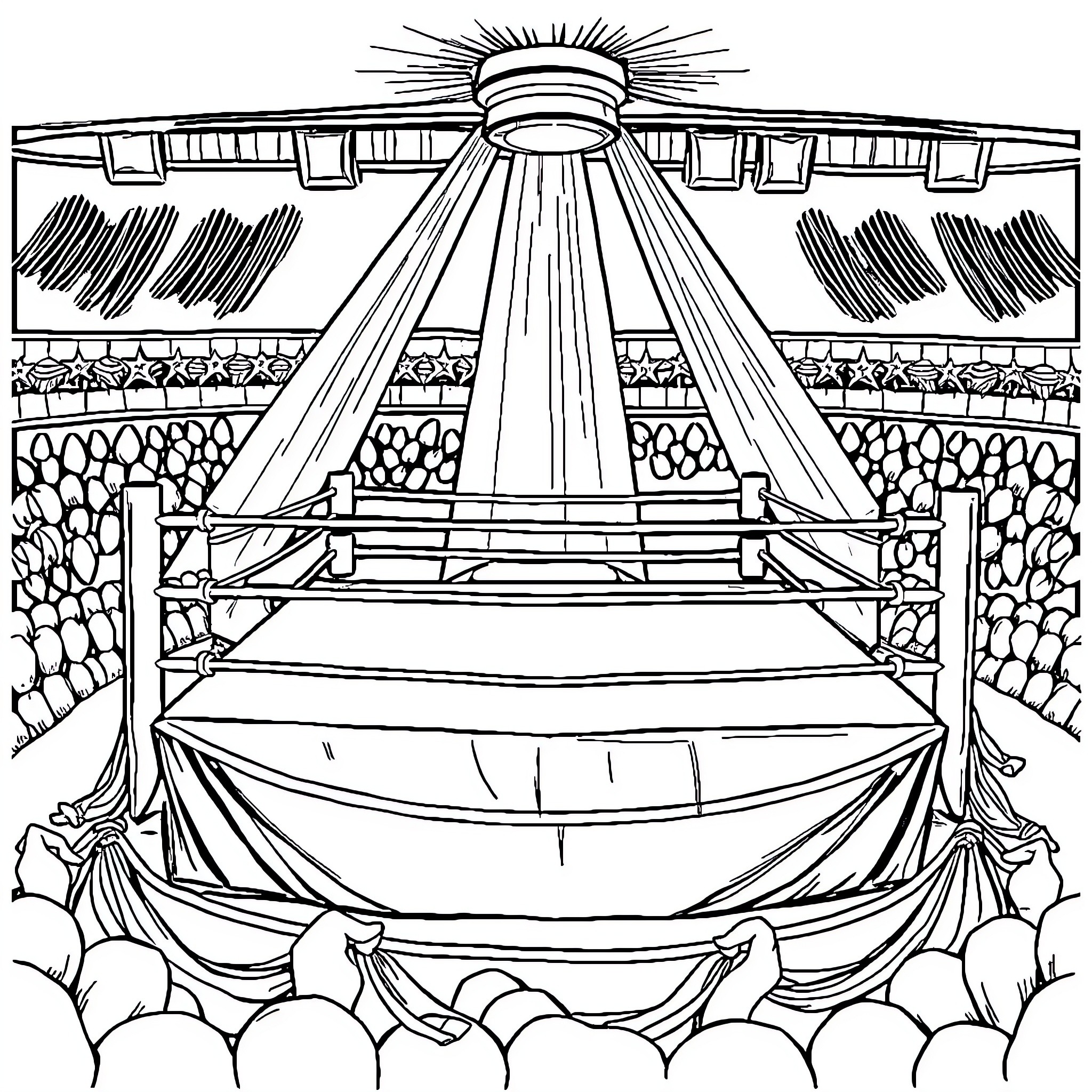 Wrestling Ring with Theatrical Stage Setting Coloring Page (free black-and-white line drawing printable PDF for all, from beginners to advanced learners, including children, teens, adults, and seniors)