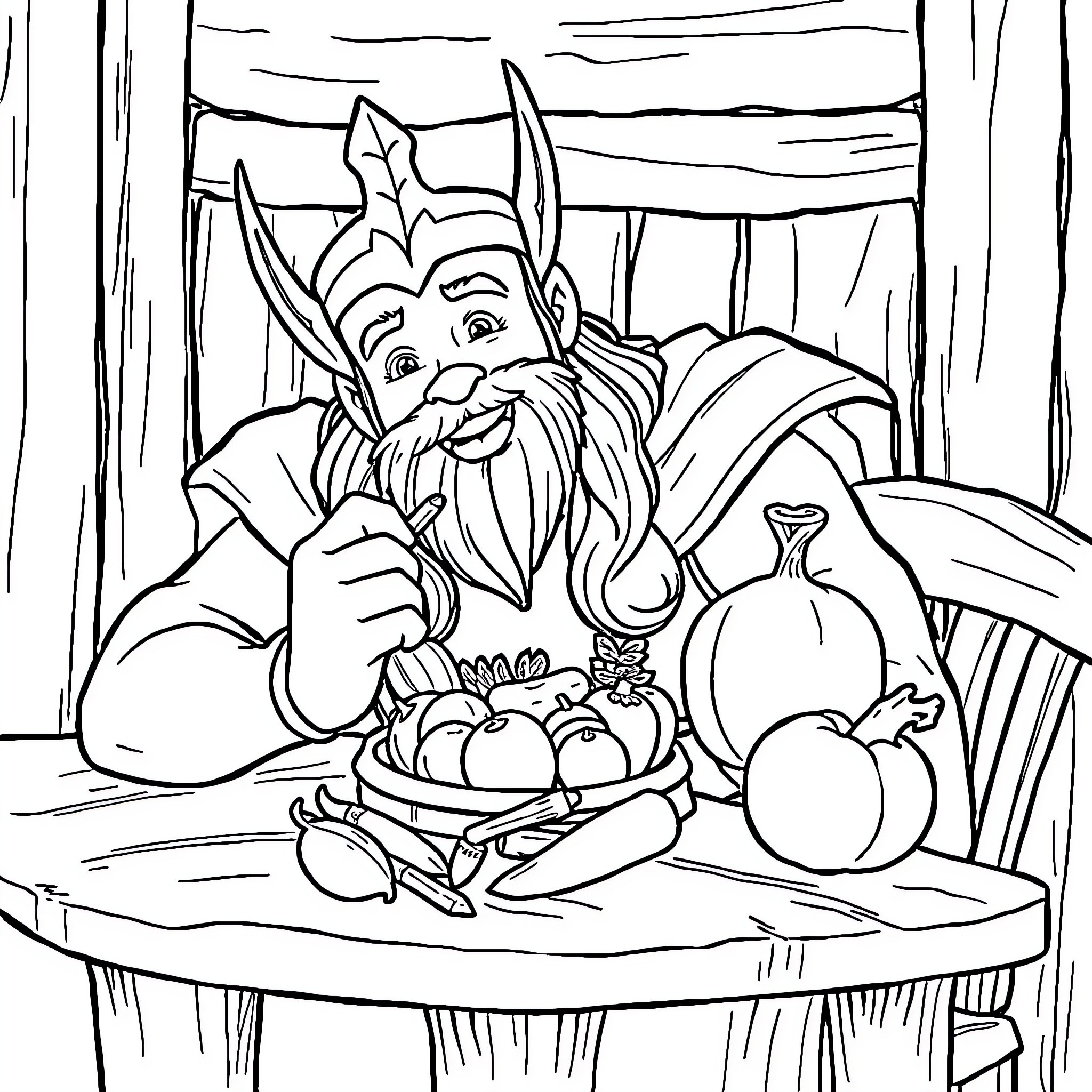 Thor Enjoying a Hearty Meal in the Tavern Coloring Page (free black-and-white line drawing printable PDF for all, from beginners to advanced learners, including children, teens, adults, and seniors)