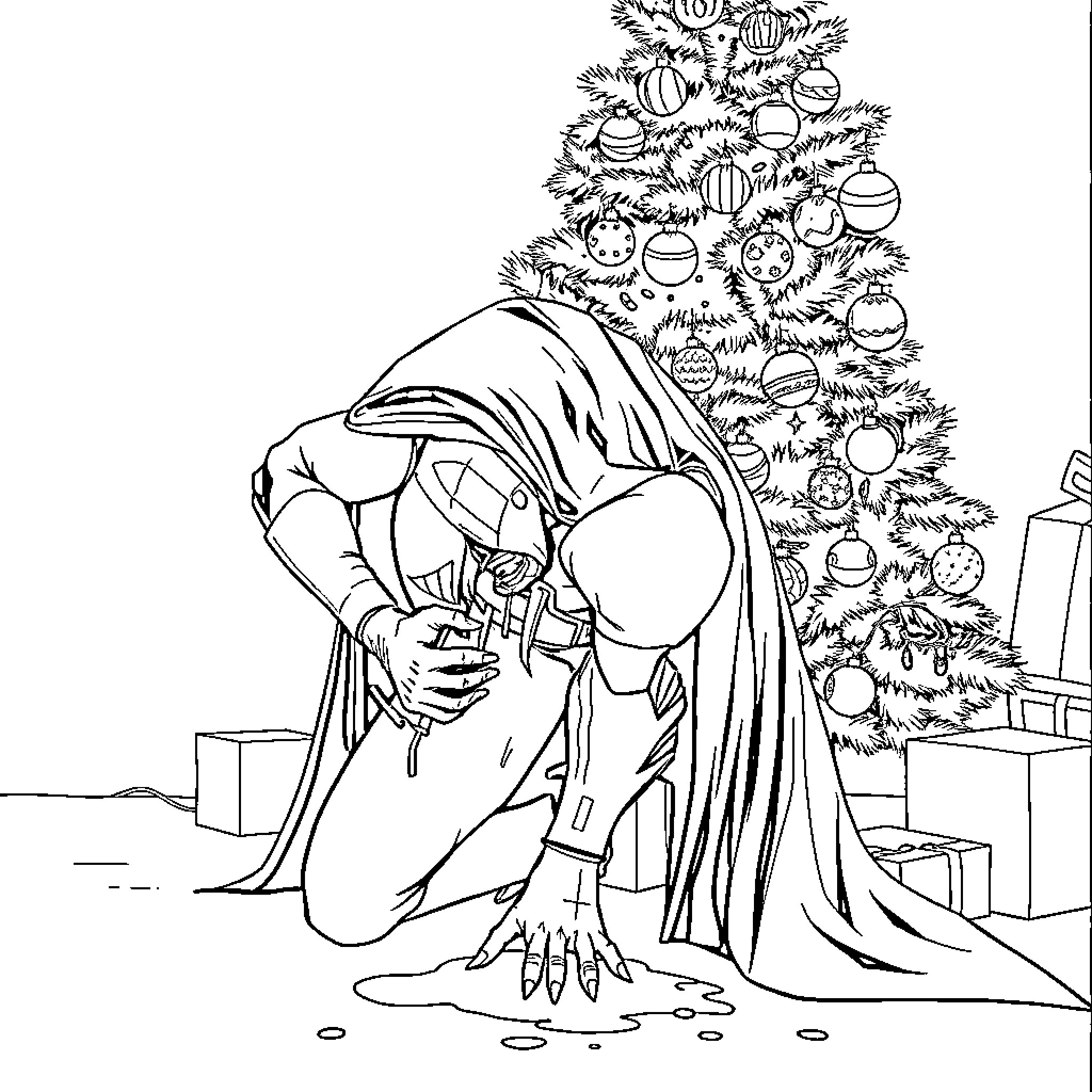 Batman Crouching by Christmas Tree with Presents Coloring Page (free black-and-white line drawing printable PDF for all, from beginners to advanced learners, including children, teens, adults, and seniors)