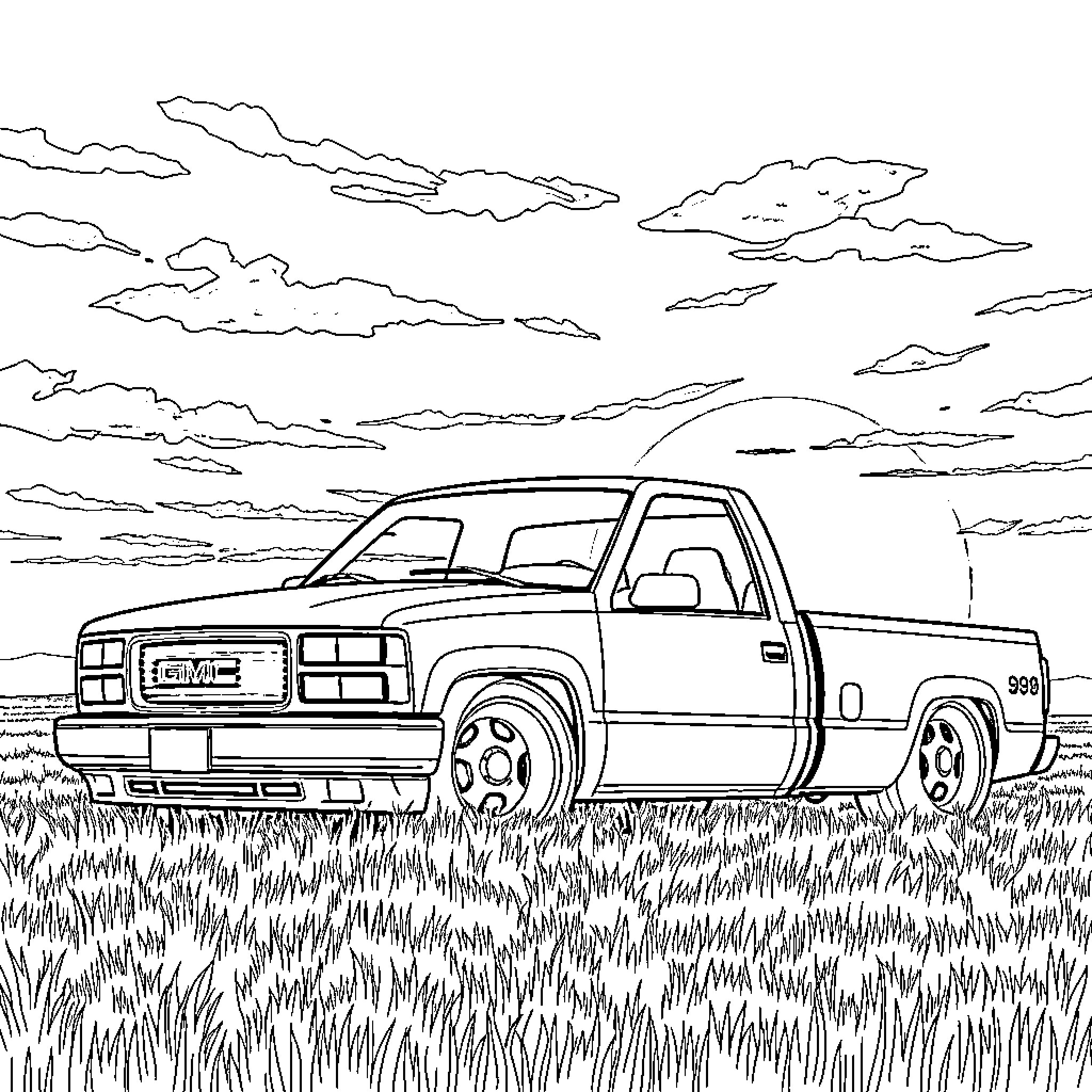 GMC Sierra truck in the countryside Coloring Page (free black-and-white line drawing printable PDF for all, from beginners to advanced learners, including children, teens, adults, and seniors)