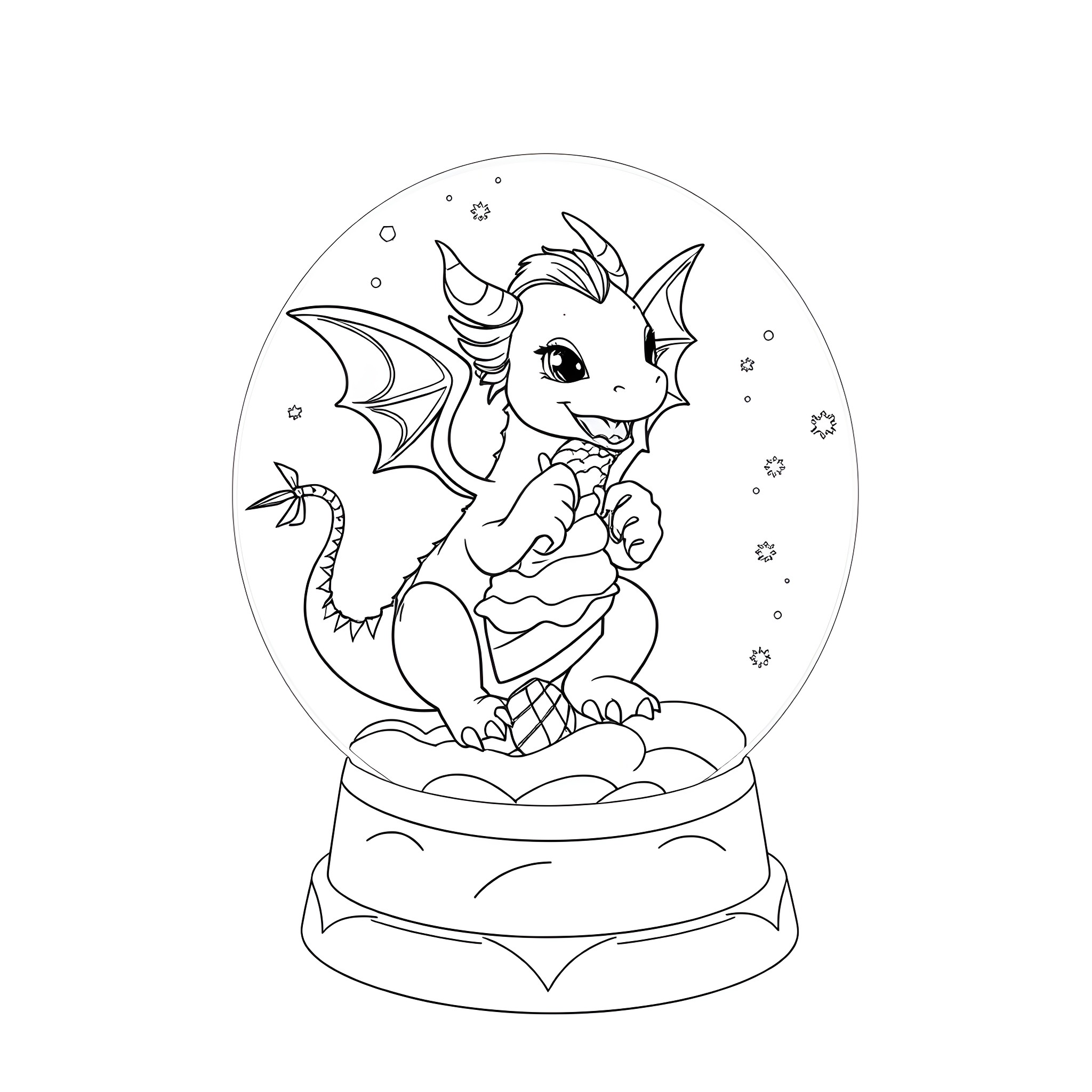 Dragon playing happily in a snowglobe Coloring Page (free black-and-white line drawing printable PDF for all, from beginners to advanced learners, including children, teens, adults, and seniors)