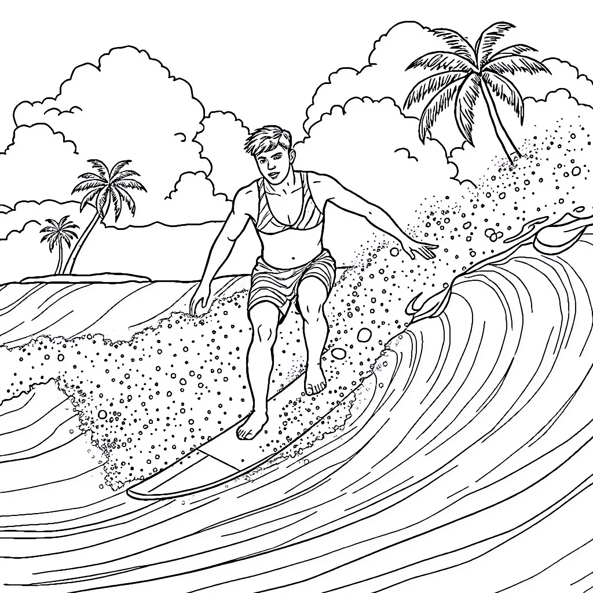 Justin Bieber surfs epic waves on tropical island Coloring Page (free black-and-white line drawing printable PDF for all, from beginners to advanced learners, including children, teens, adults, and seniors)