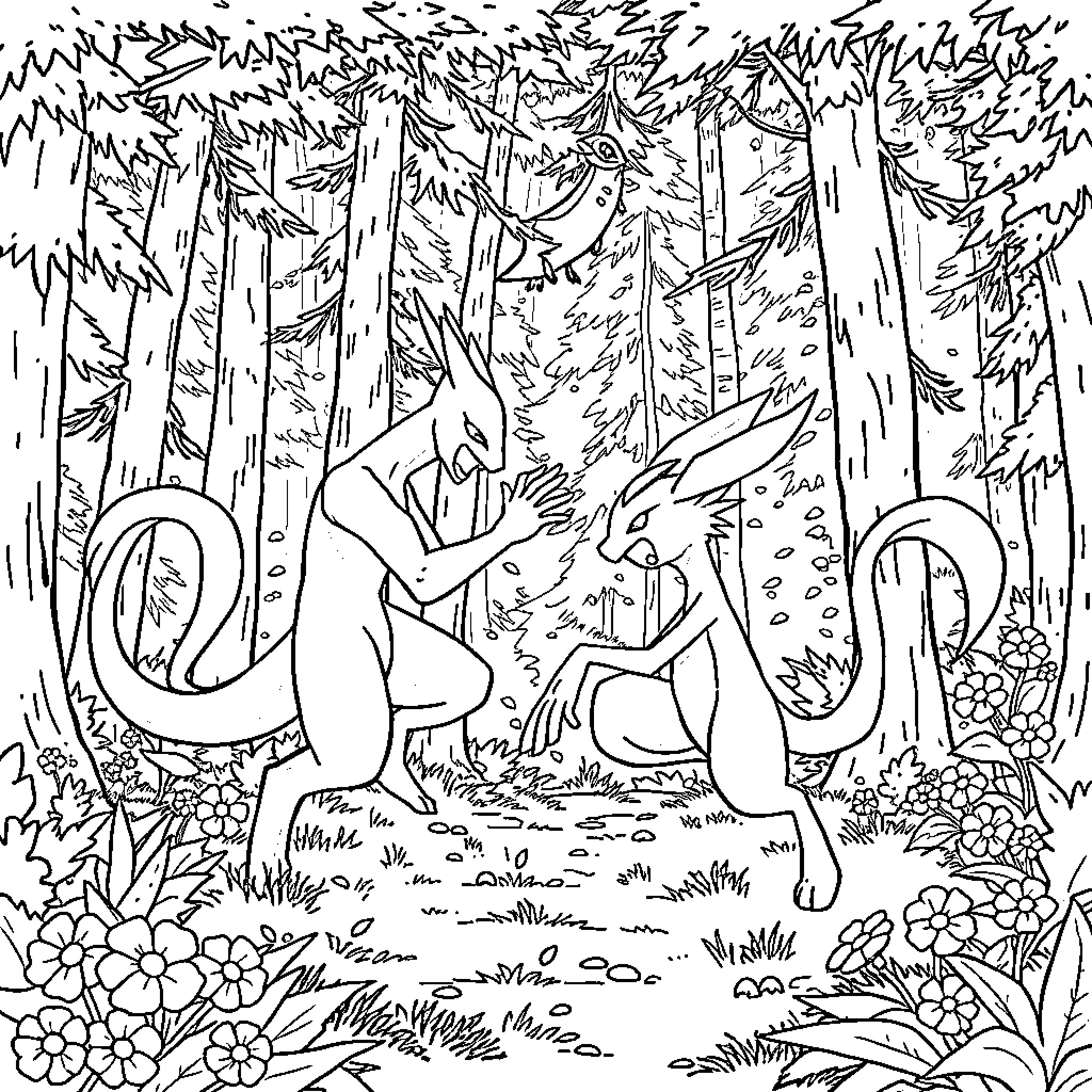 Mewtwo relaxing in the serene forest Coloring Page (free black-and-white line drawing printable PDF for all, from beginners to advanced learners, including children, teens, adults, and seniors)