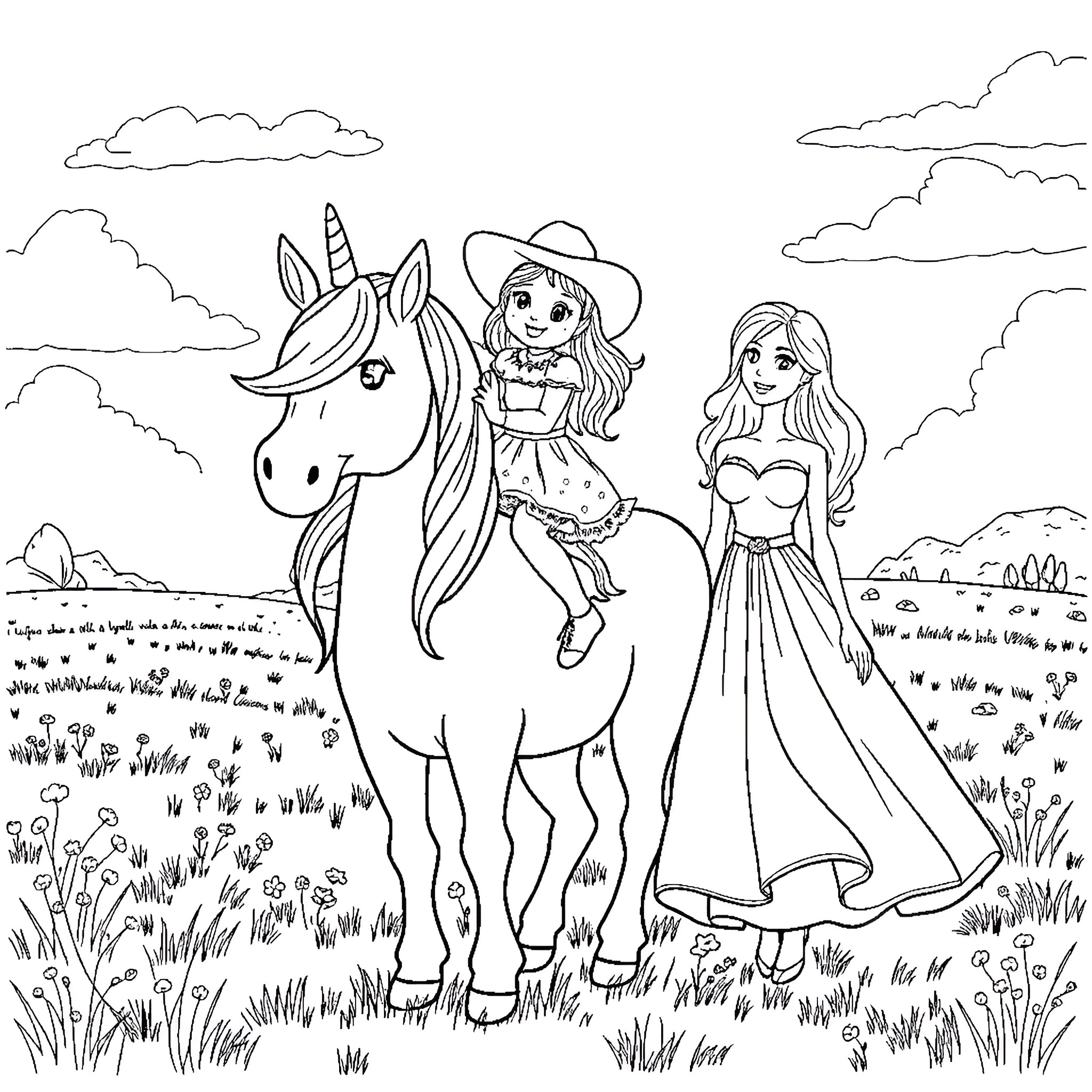 Unicorn Taking a Young Girl on an Adventure Coloring Page (free black-and-white line drawing printable PDF for all, from beginners to advanced learners, including children, teens, adults, and seniors)