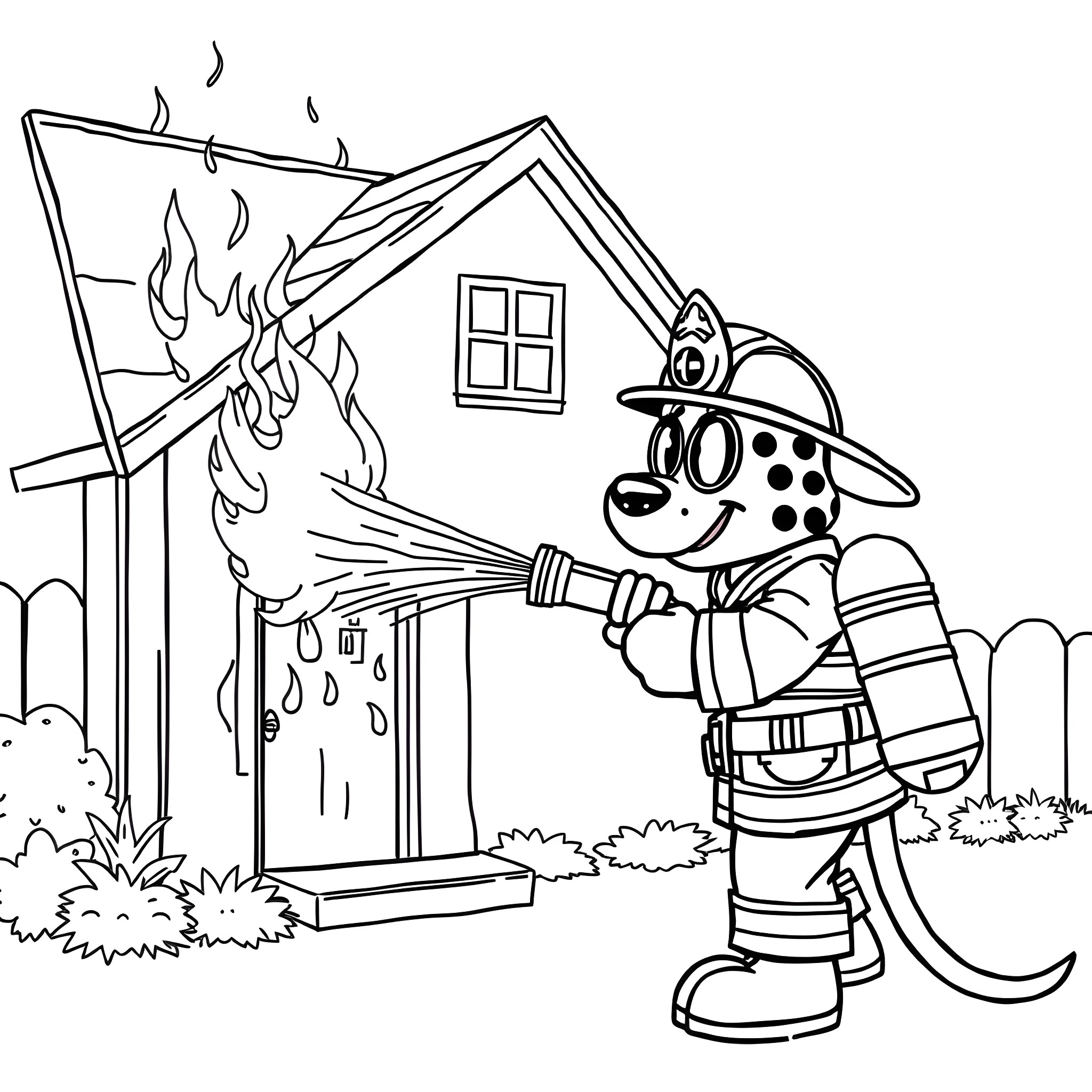 Blazer firefighter putting out house fire Coloring Page (free black-and-white line drawing printable PDF for all, from beginners to advanced learners, including children, teens, adults, and seniors)