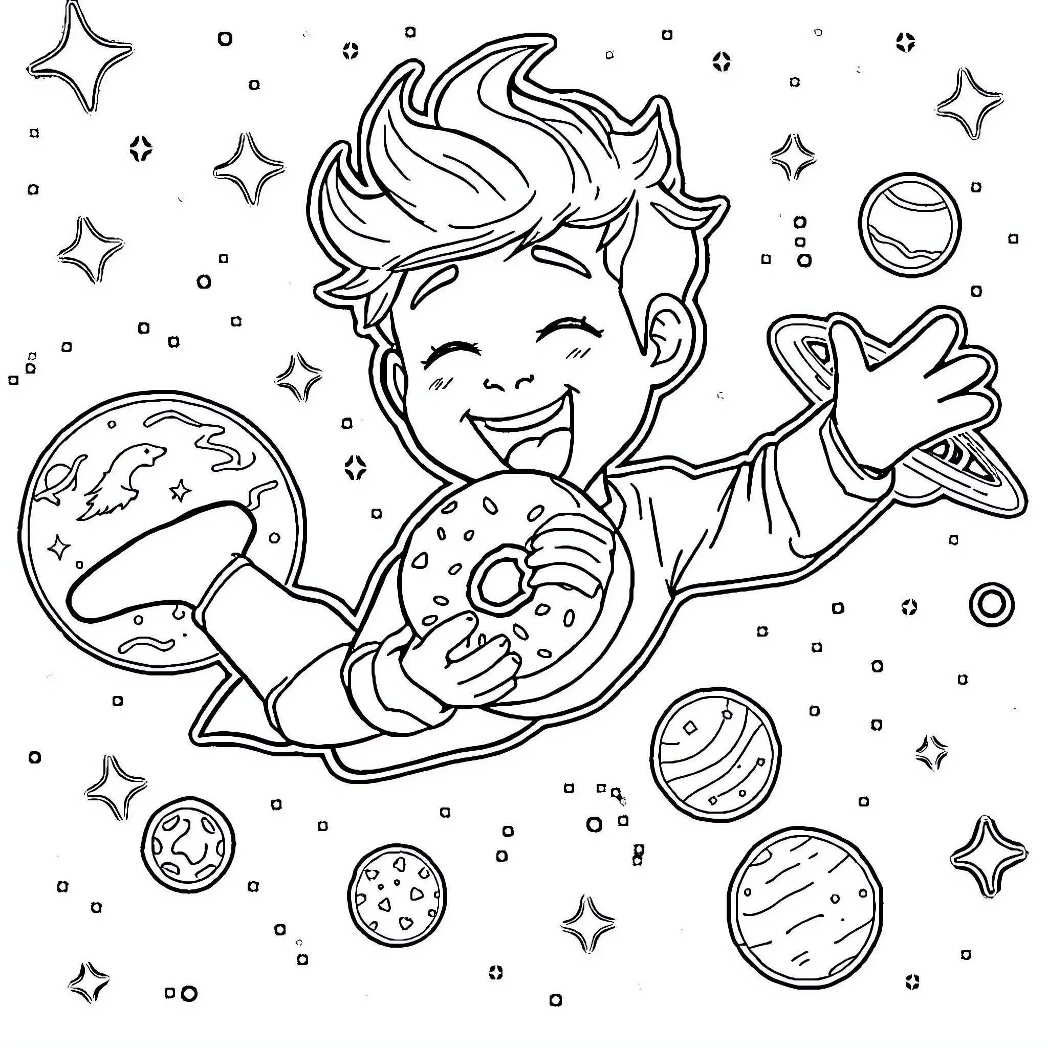 Niall Horan joyfully playing with celestial objects Coloring Page (free black-and-white line drawing printable PDF for all, from beginners to advanced learners, including children, teens, adults, and seniors)