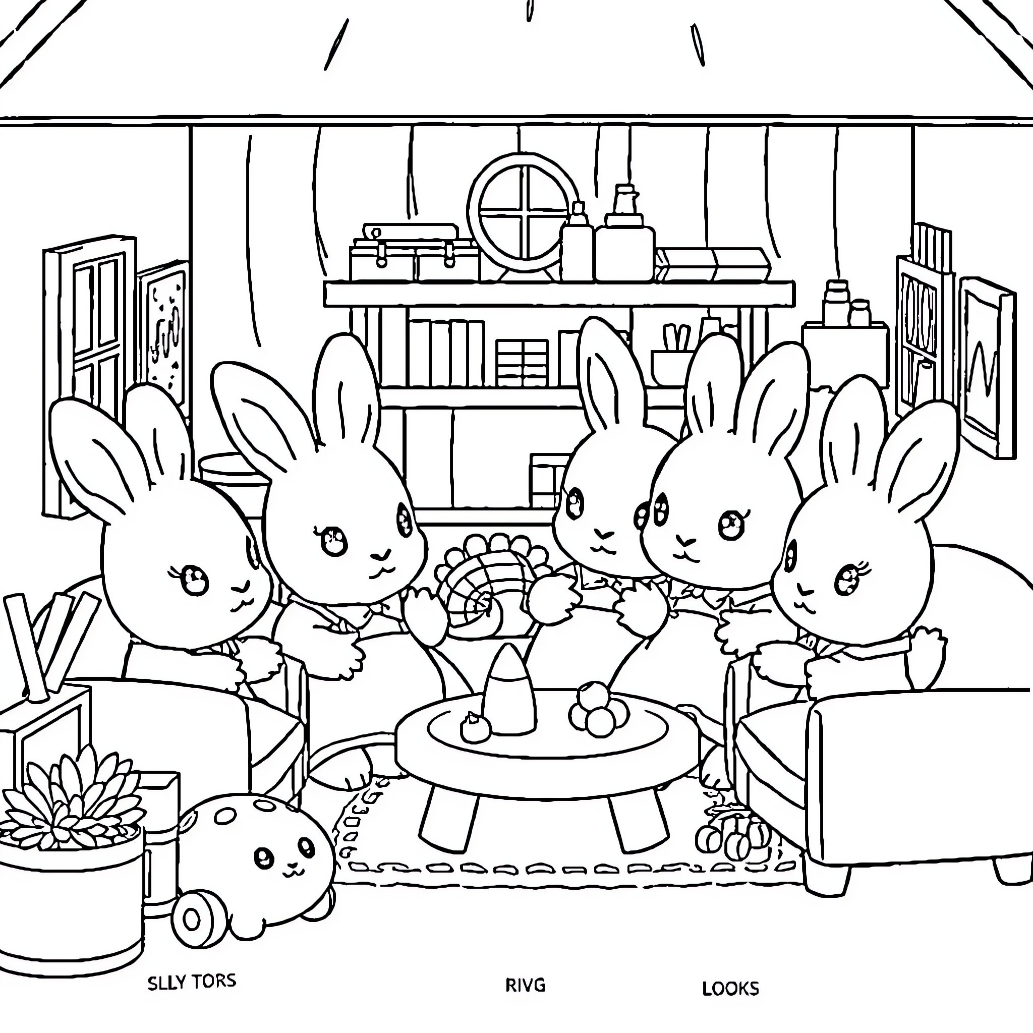 Rabbits enjoying a cozy gathering in the home Coloring Page (free black-and-white line drawing printable PDF for all, from beginners to advanced learners, including children, teens, adults, and seniors)