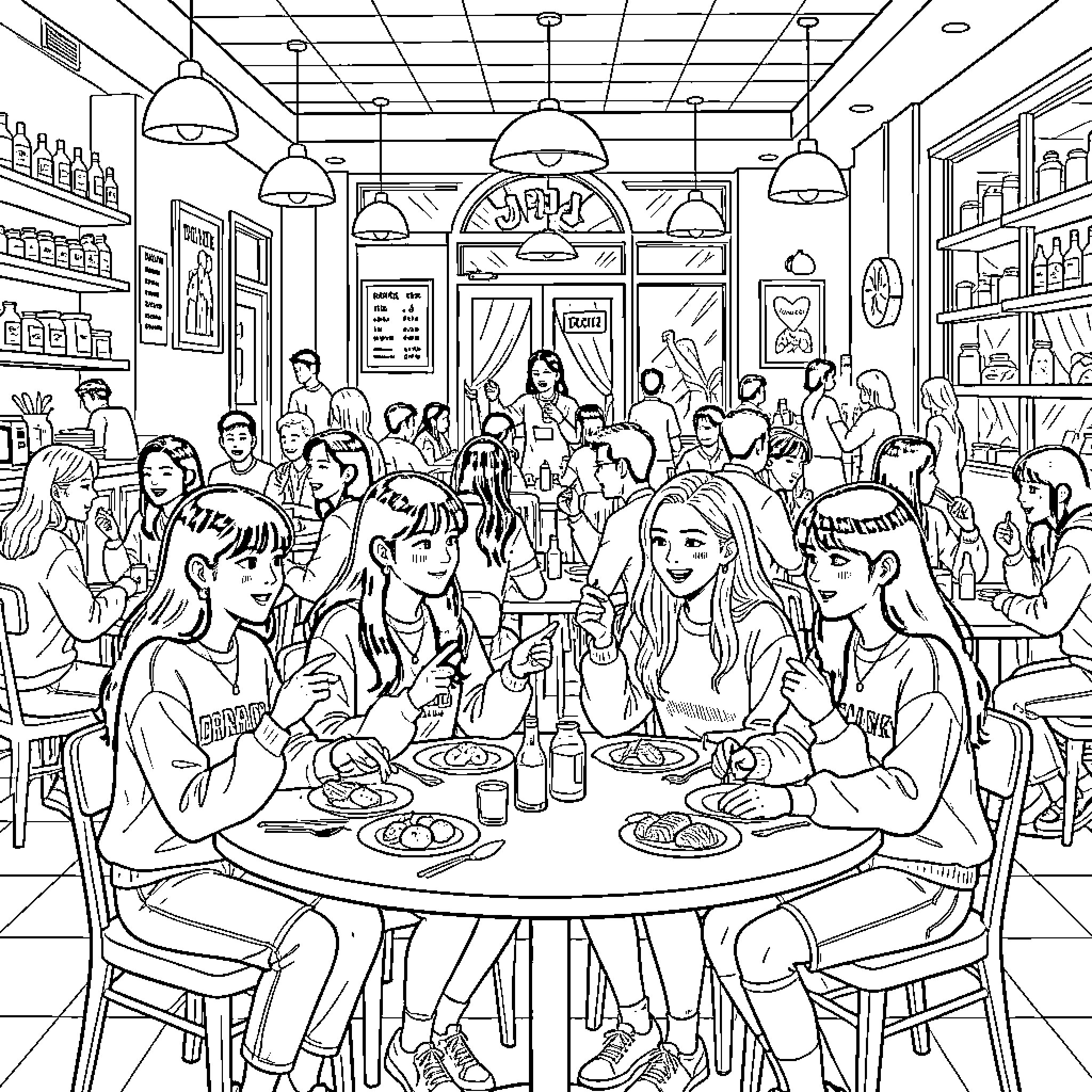 Kpop idols enjoying a meal together at a cafe Coloring Page (free black-and-white line drawing printable PDF for all, from beginners to advanced learners, including children, teens, adults, and seniors)