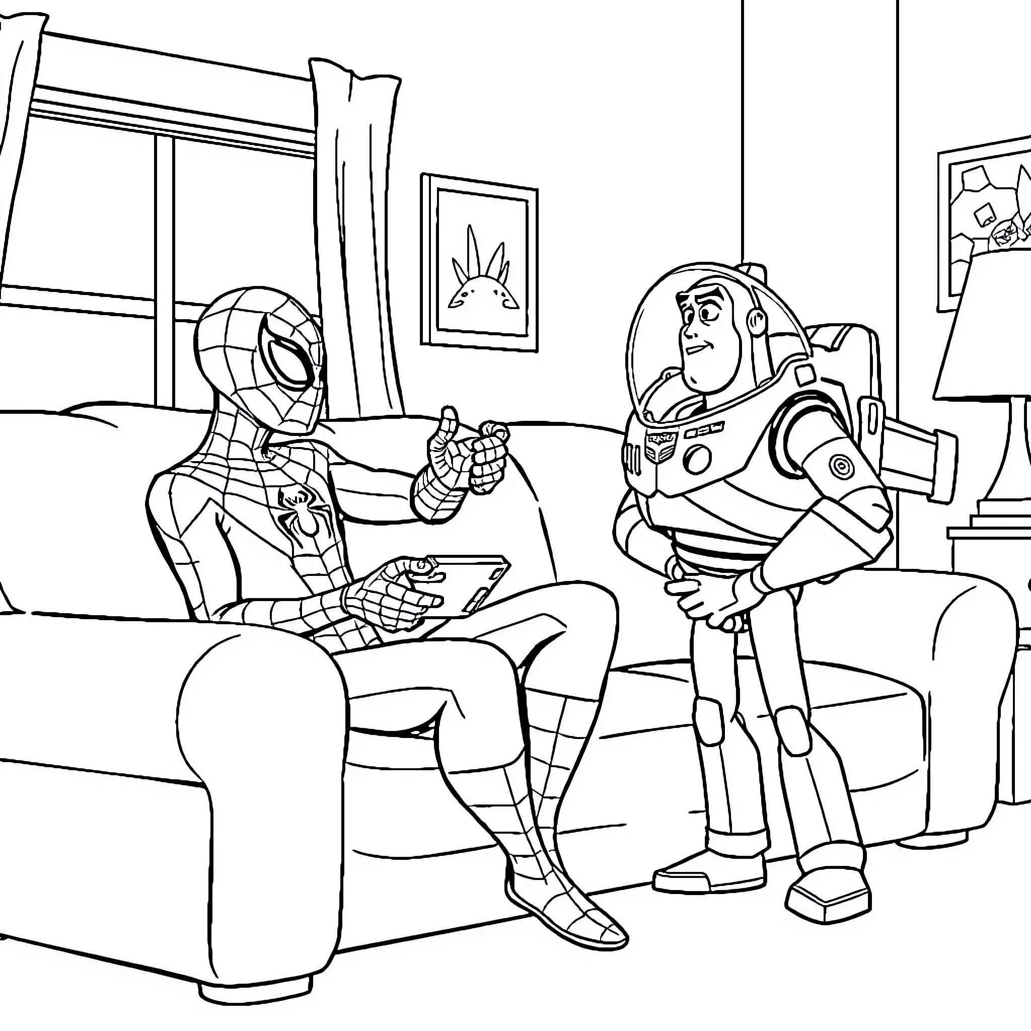 Spider-Man interacting with Buzz Lightyear in a cozy living room Coloring Page (free black-and-white line drawing printable PDF for all, from beginners to advanced learners, including children, teens, adults, and seniors)