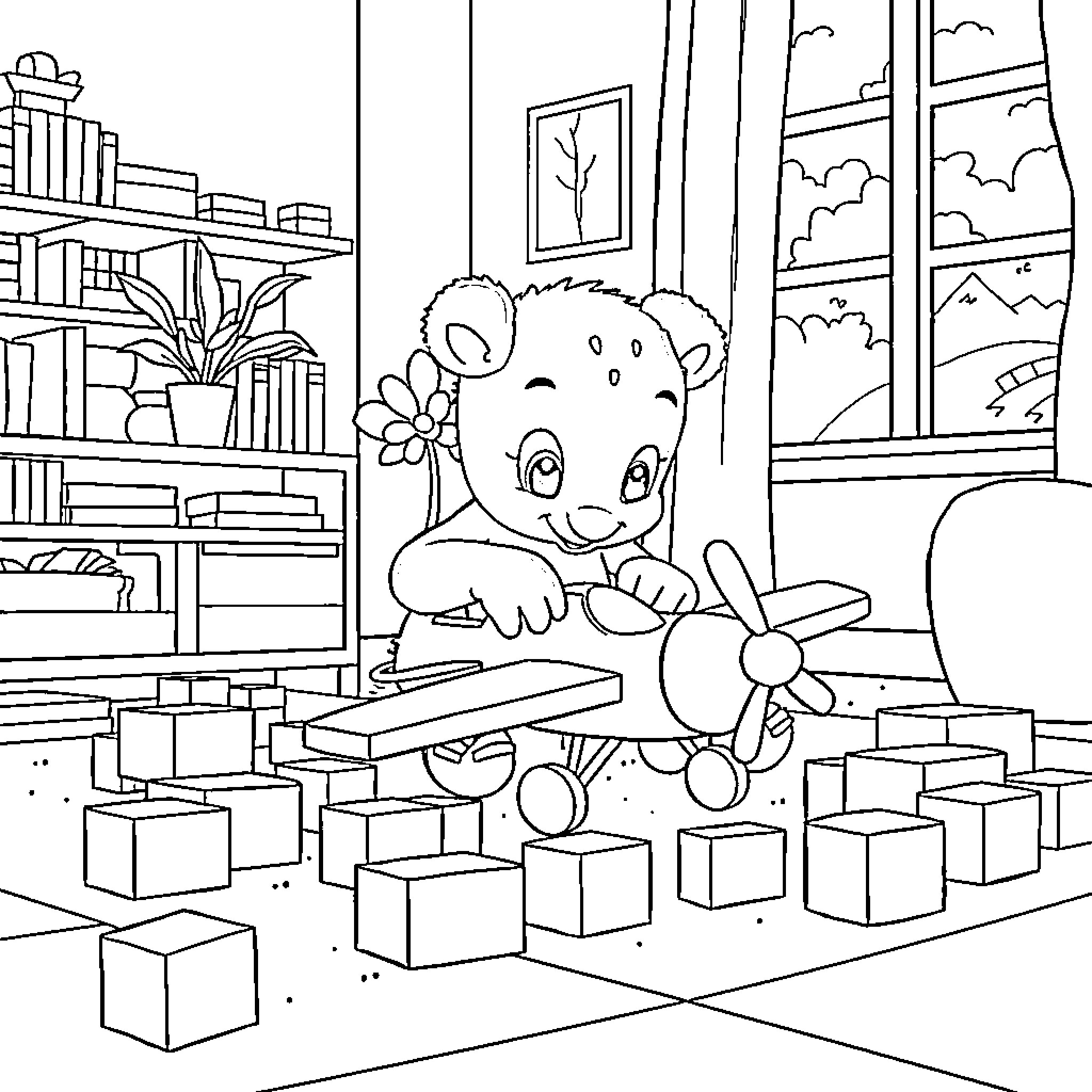 Bluey Building Blocks With Toys in Room Coloring Page (free black-and-white line drawing printable PDF for all, from beginners to advanced learners, including children, teens, adults, and seniors)
