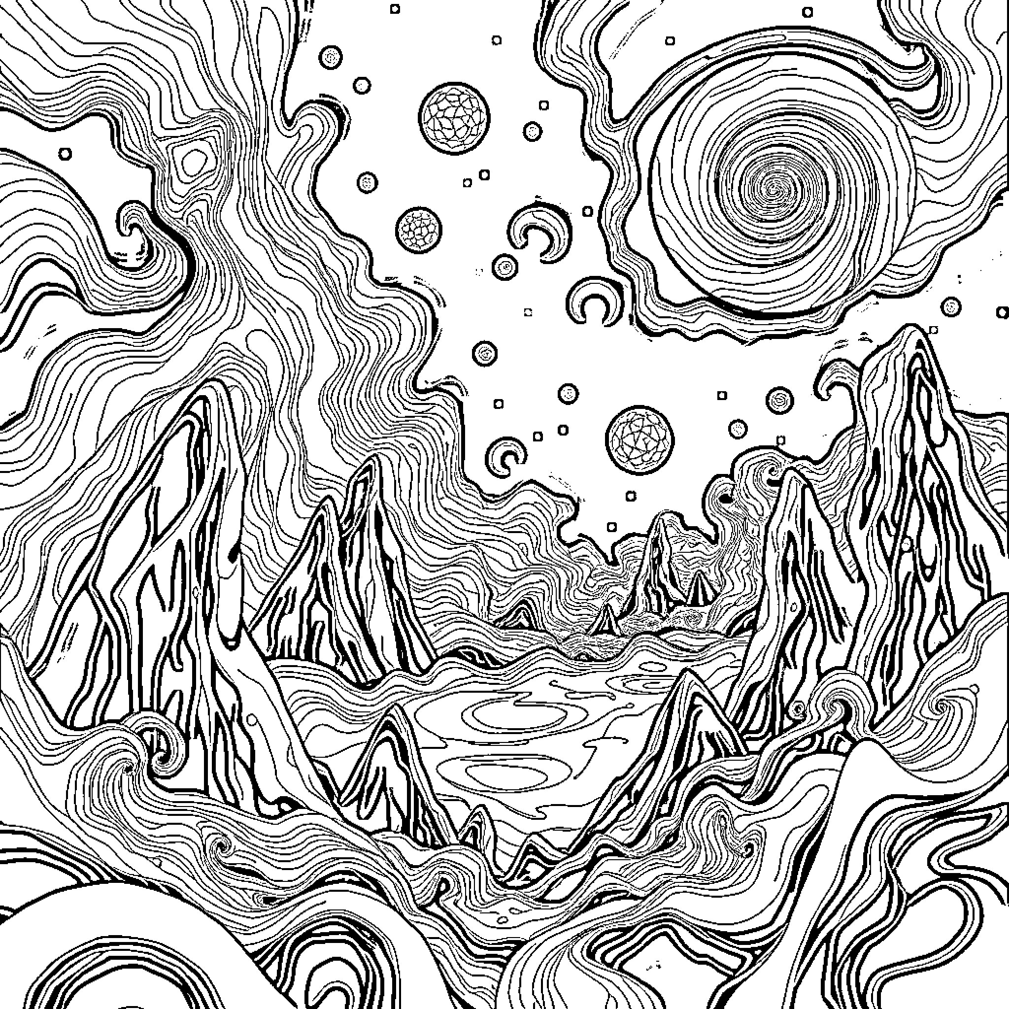 Trippy Mountainous Landscape with Cosmic Elements Coloring Page (free black-and-white line drawing printable PDF for all, from beginners to advanced learners, including children, teens, adults, and seniors)