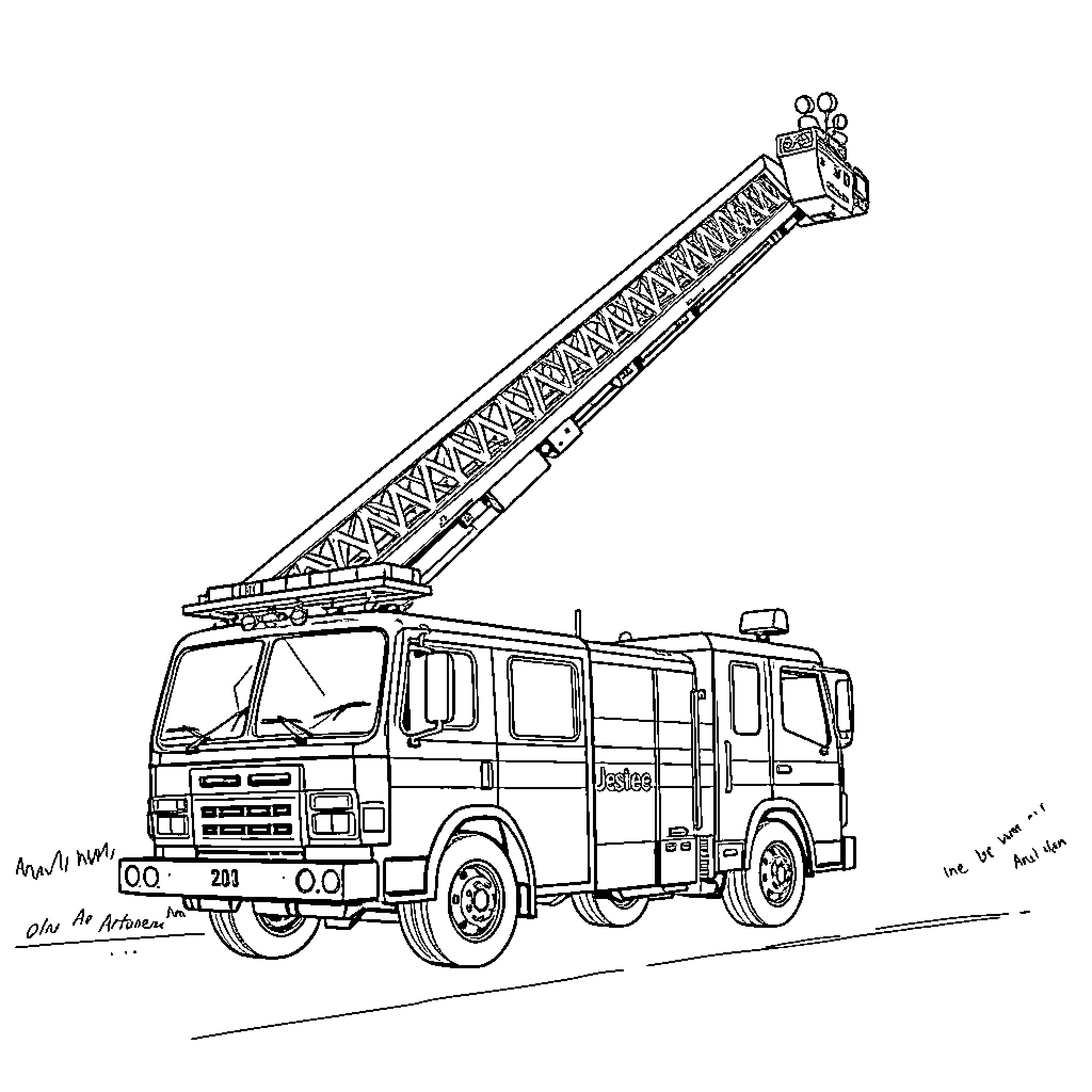 Fire Truck with Extended Ladder and Firefighting Gear Coloring Page (free black-and-white line drawing printable PDF for all, from beginners to advanced learners, including children, teens, adults, and seniors)