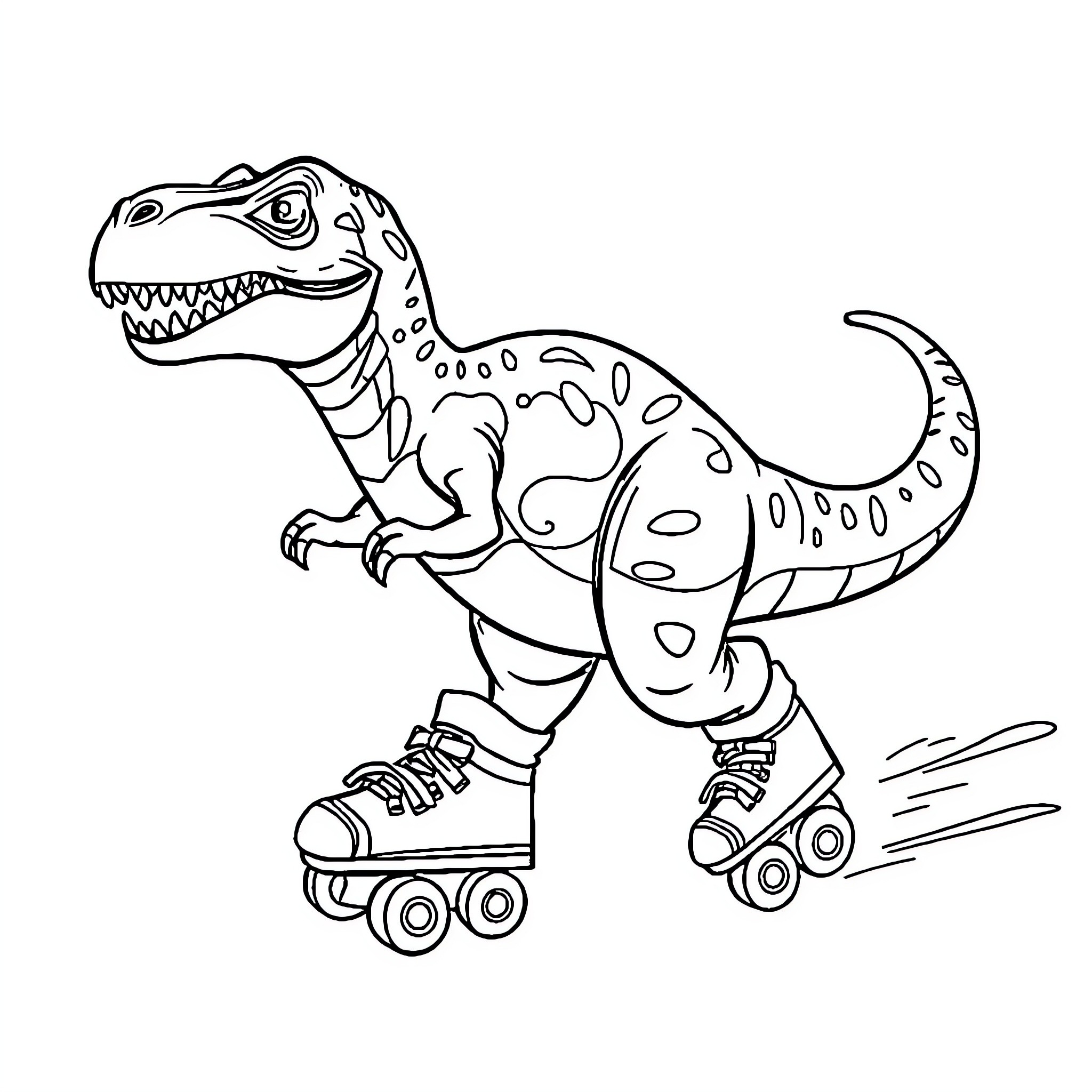 Dinosaur roller skating with enthusiasm Coloring Page (free black-and-white line drawing printable PDF for all, from beginners to advanced learners, including children, teens, adults, and seniors)