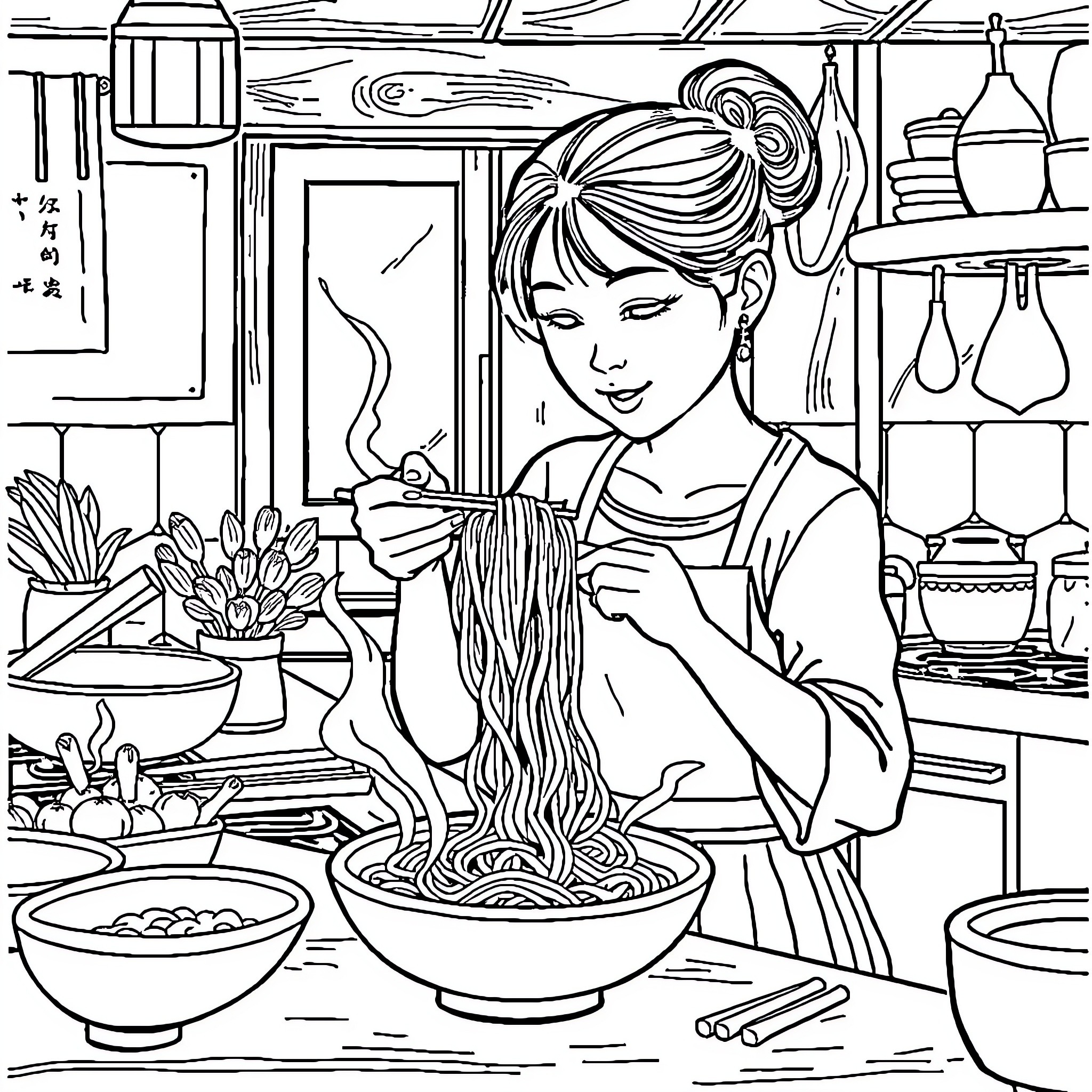 April's Culinary Delight: A Woman Cooking in the Kitchen Coloring Page (free black-and-white line drawing printable PDF for all, from beginners to advanced learners, including children, teens, adults, and seniors)