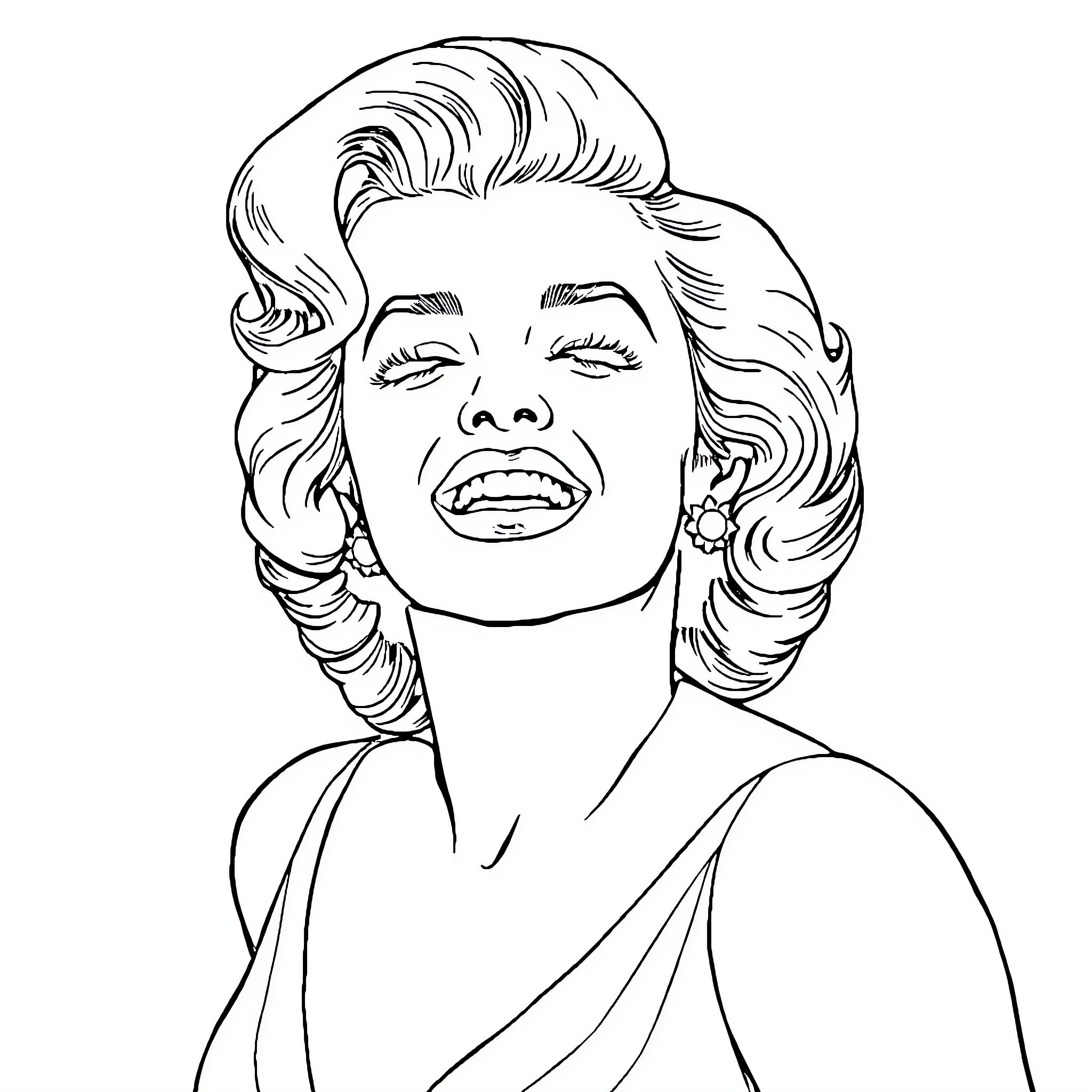 Marilyn Monroe's Iconic Smile and Glamorous Look Coloring Page (free black-and-white line drawing printable PDF for all, from beginners to advanced learners, including children, teens, adults, and seniors)